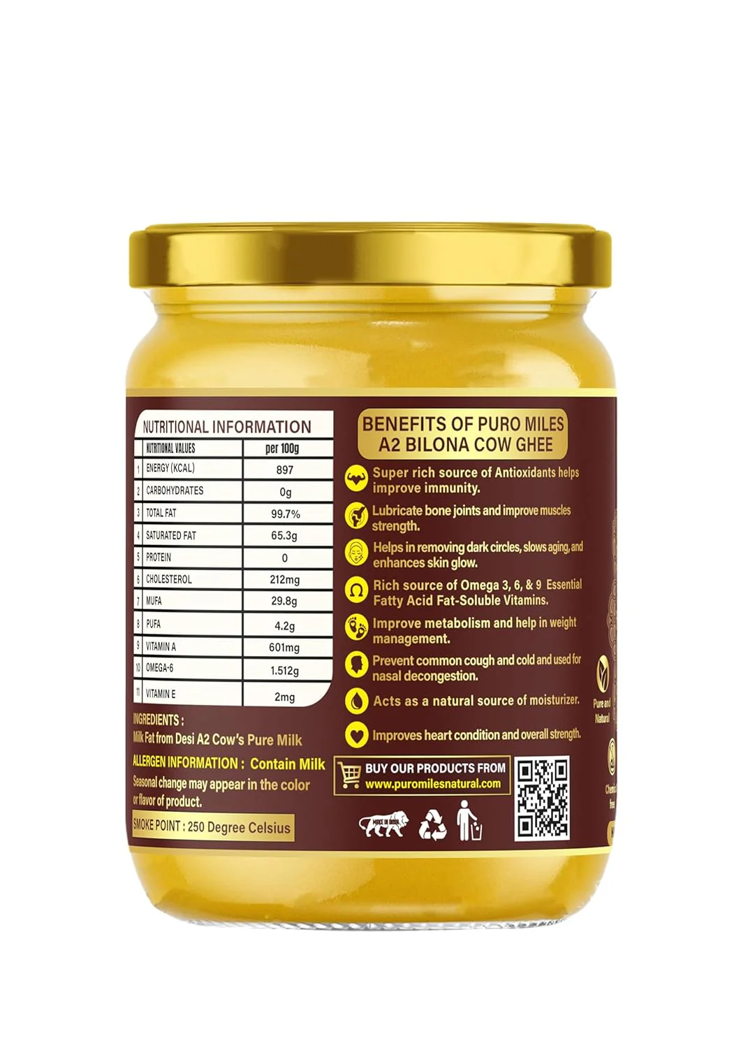 100% Natural A2 Ayurvedic Gir Cow Desi Ghee By Puro Miles | Natural & Healthy Gir Cow Cultured Desi Ghee Perfect For Halwa | (500ml) 16.9 Ounce | Jar Pack - Image 2