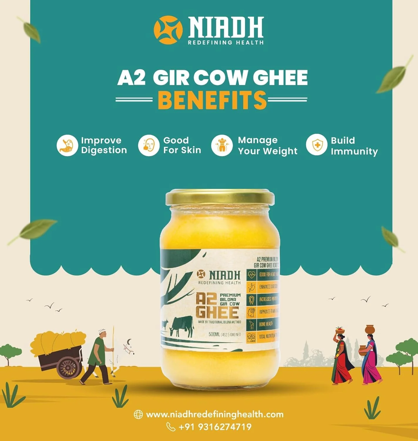 100% Natural A2 Bilona Gir Cow Desi Ghee By Niadh | Naturally & Healthy Protein Fiber Pure Cow Desi Ghee For Boost Energy | 1 Litre (500ml * 2) 33.8 Ounce | Jar Pack - Image 4
