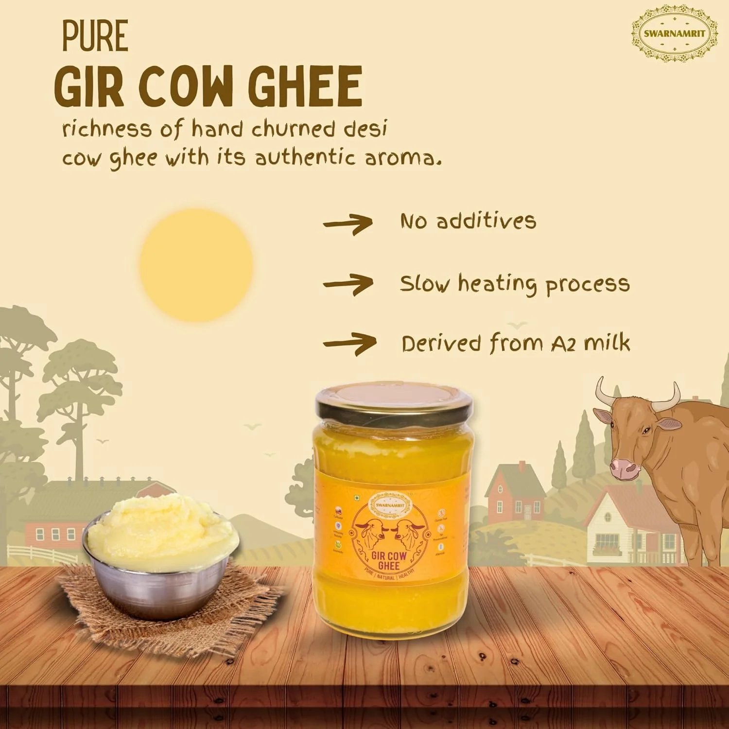 100% Natural A2 Bilona Gir Cow Ghee By Swarnamrit | Traditional Bilona Method Healthy Pure Desi Ghee Good For Parathe | (500ml) 16.9 Ounce | Jar Pack - Image 2