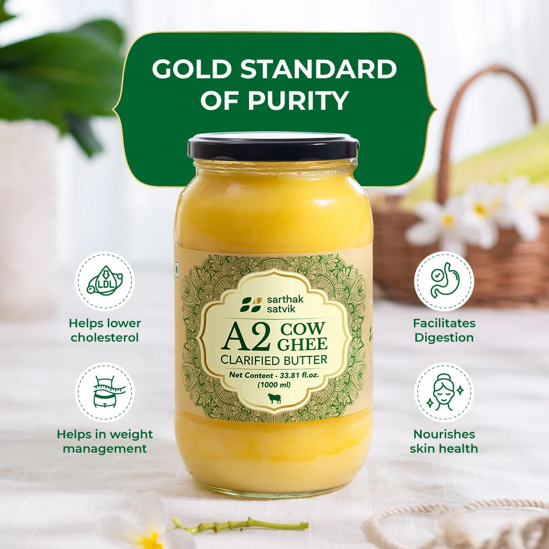100% Natural A2 Cow Ghee Desi By Sarthak Satvik | Nutrient Rich Ghee Made With Traditional Binola Method Good For Health | (1 Litre) 33.8 Ounce | Jar Pack - Image 4