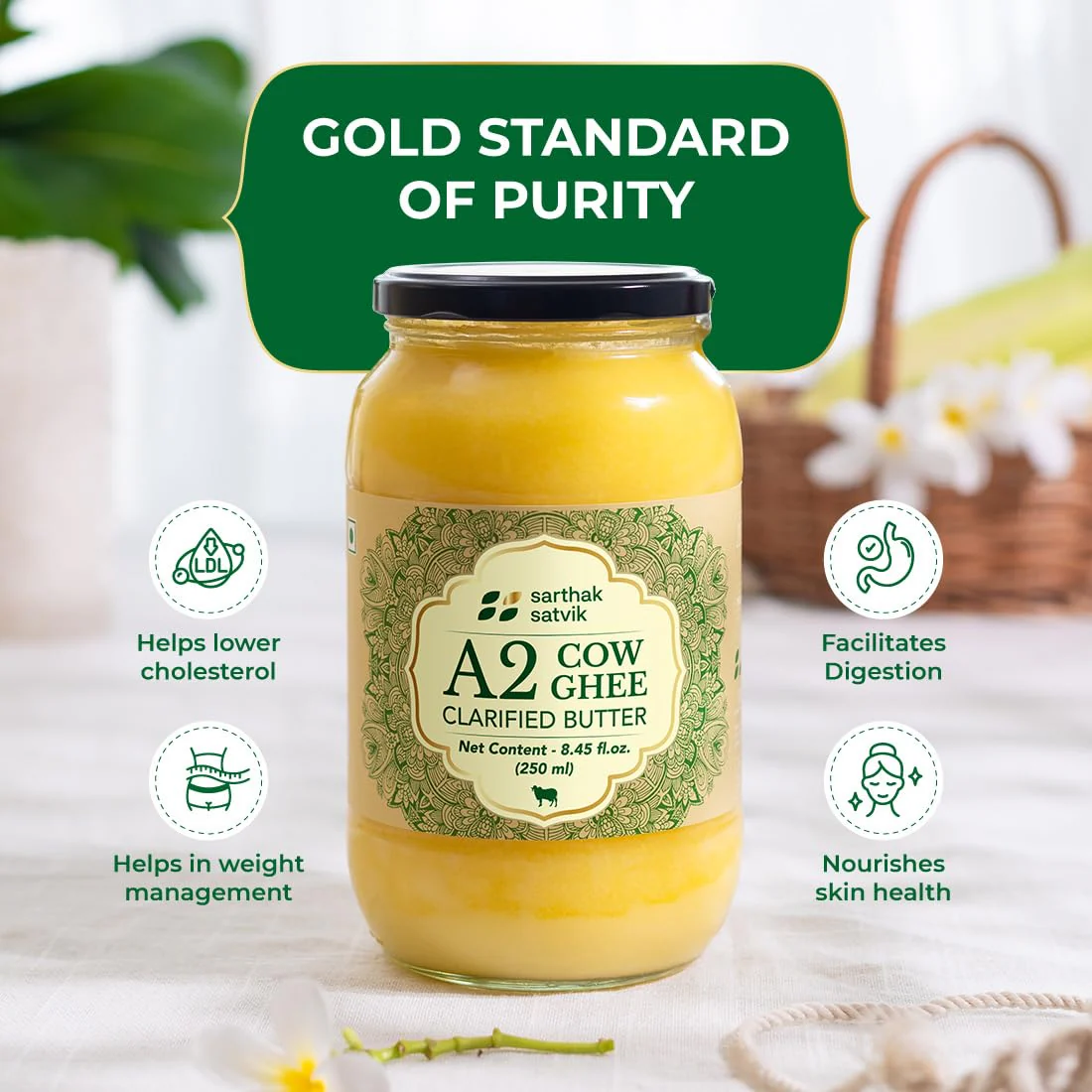 100% Natural A2 Cow Ghee Desi By Sarthak Satvik | Nutrient Rich Ghee Made With Traditional Binola Method Good For Heart Health | (250ml) 8.4 Ounce | Jar Pack - Image 2