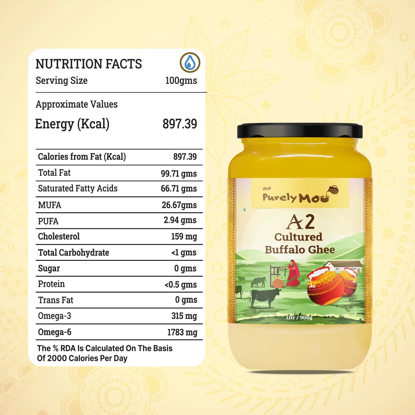 100% Natural A2 Cultured Buffalo Ghee By AMP Purely Moo | Traditional Bilona Method Healthy Buffalo Desi Ghee For Garnish | (500ml) 16.9 Ounce | Jar Pack - Image 2