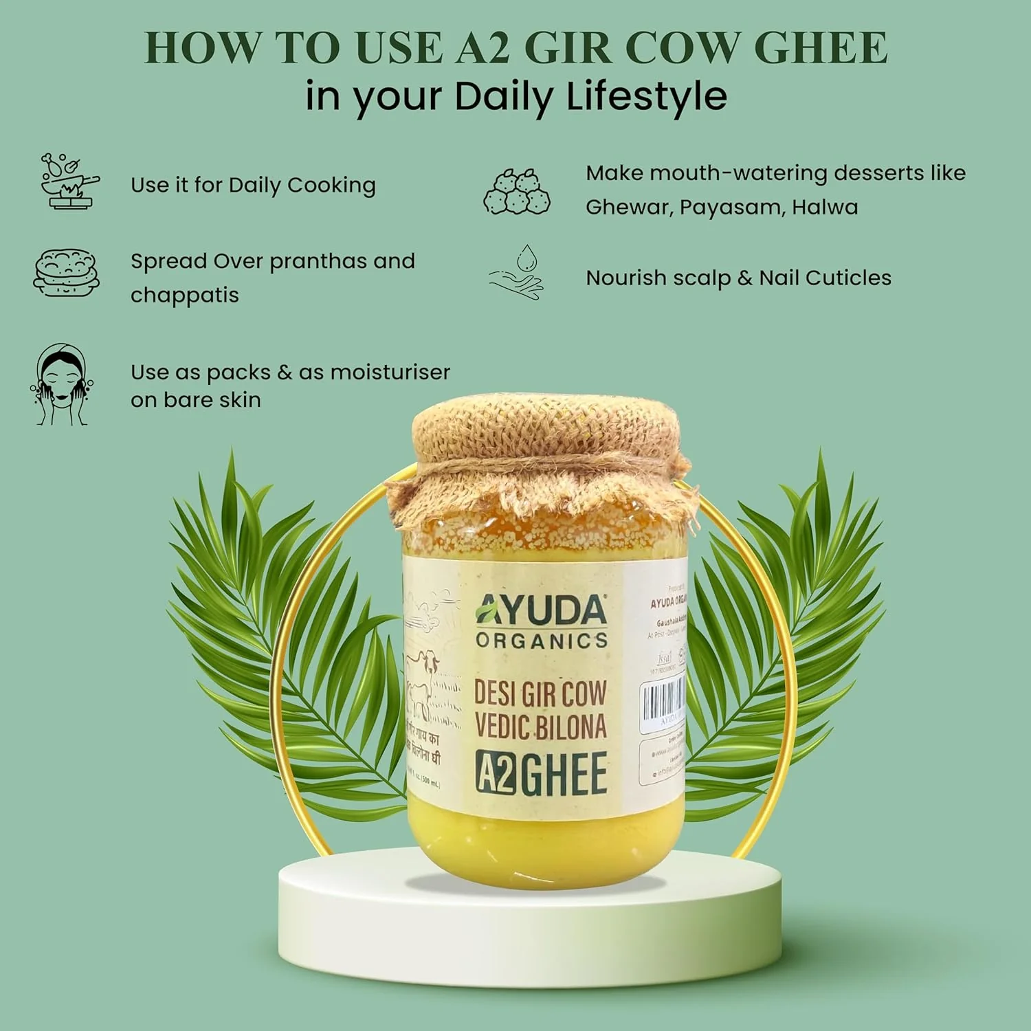 100% Natural A2 Desi Cow Ghee By Ayuda | Traditional Homemade Curd Churned Healthy Pure Desi Ghee Good For Parathe | (500ml) 16.9 Ounce | Jar Pack - Image 5