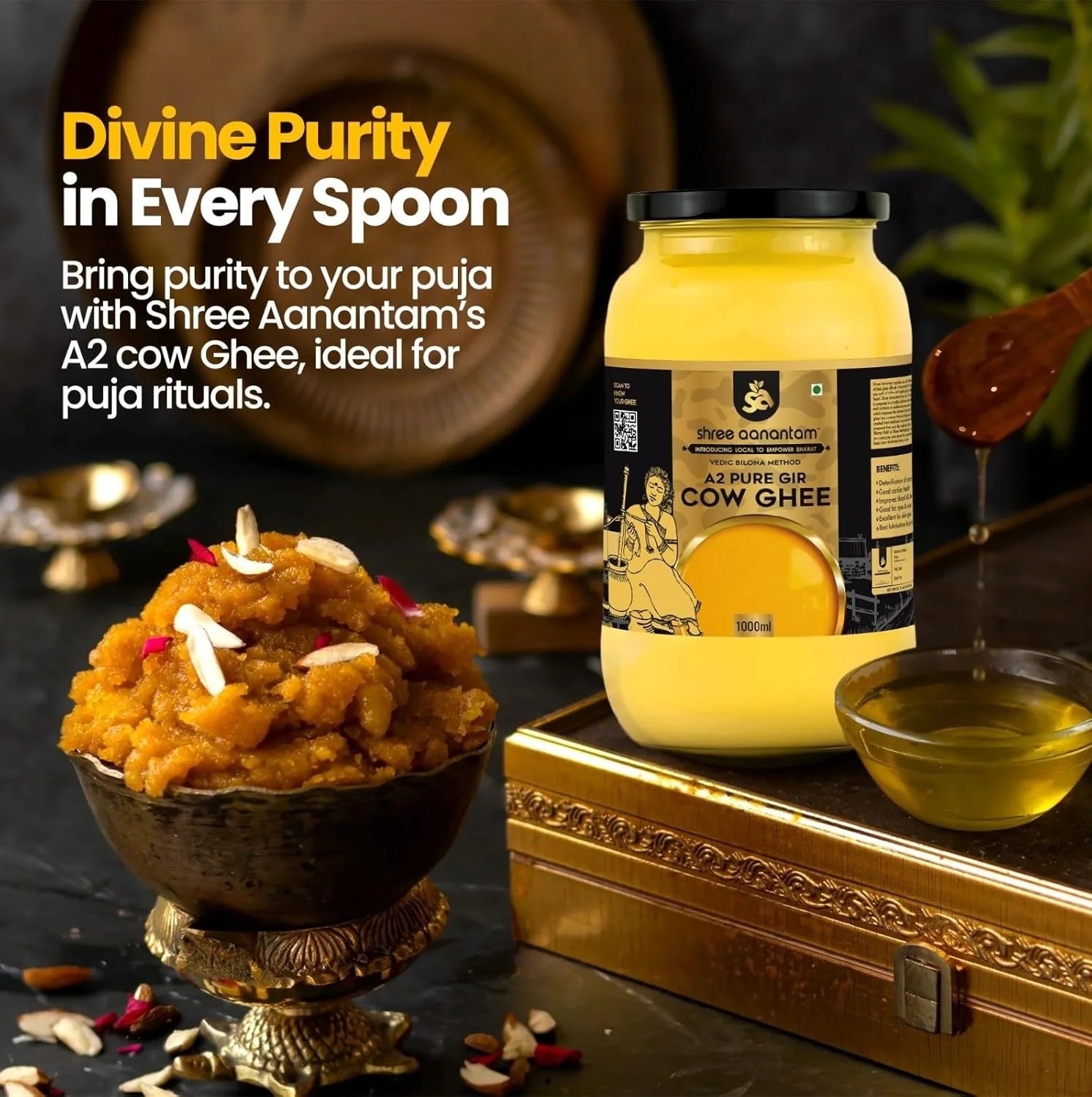 100% Natural A2 Gir Cow Desi Ghee By Shree Aanantam | Bilona Method Curd-Churned Pure A2 Desi Ghee For Improved Immunity | (100ml) 3.3 Ounce | Jar Pack - Image 4