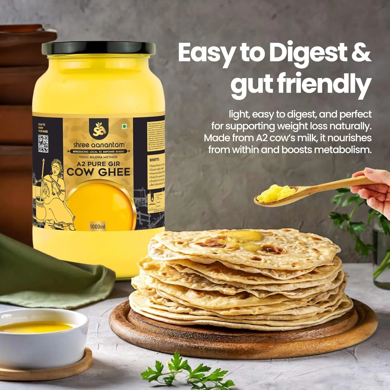 100% Natural A2 Gir Cow Desi Ghee By Shree Aanantam | Bilona Method Curd-Churned Pure A2 Desi Ghee For Improved Immunity | (100ml) 3.3 Ounce | Jar Pack - Image 5
