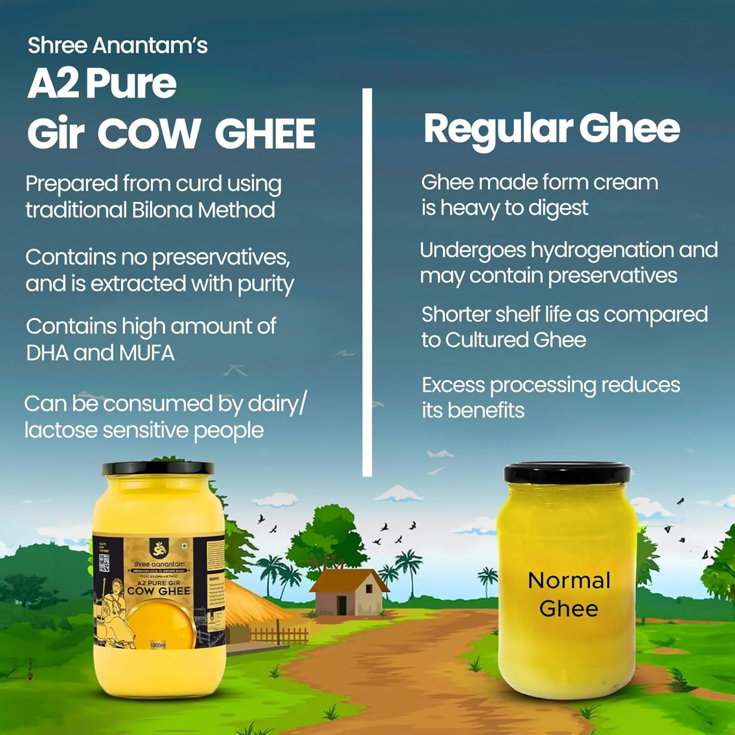 100% Natural A2 Gir Cow Desi Ghee By Shree Aanantam | Bilona Method Curd-Churned Pure A2 Desi Ghee For Protact Eyesight | (1 Litre) 33.8 Ounce | Jar Pack - Image 3