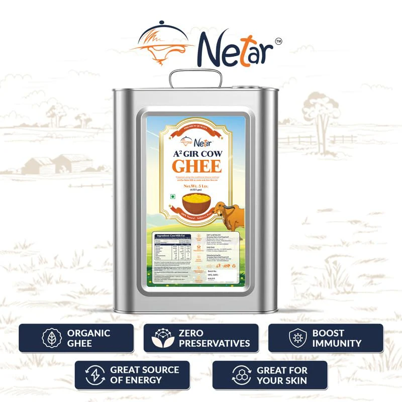 100% Natural A2 Gir Cow Ghee By Netar | Rich In Vitamins A & E Healthy Desi Ghee For Sweets | (5 Litr) 169.0 Ounce | Tin Container - Image 3