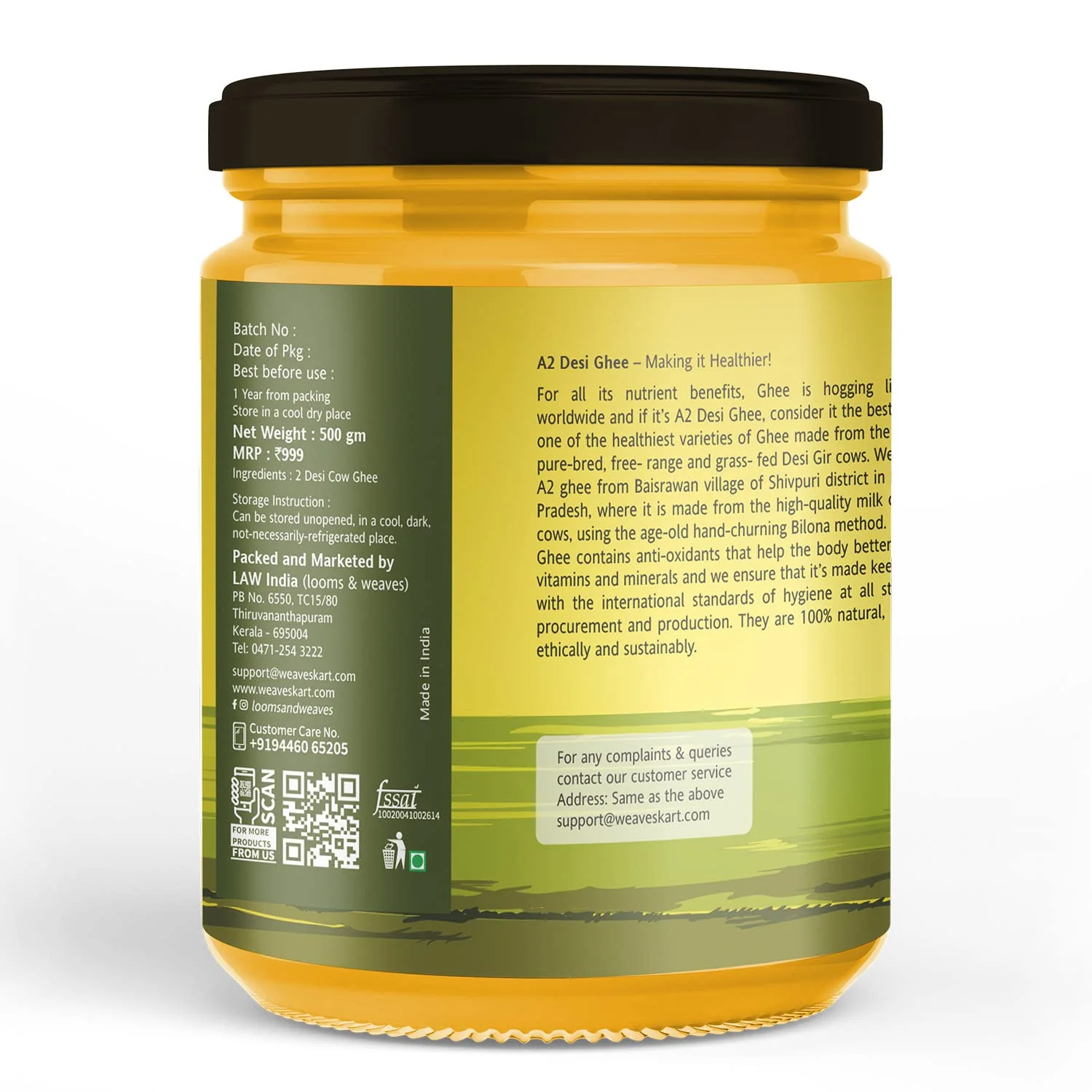 100% Natural A2 Gir Desi Cow Cultured Ghee By Looms & Weaves | Healthy & Delicious Nutrients Pure Desi Ghee Perfect For Protact Eyesight | 1 Litre (500ml * 2) 33.8 Ounce | Jar Pack - Image 2