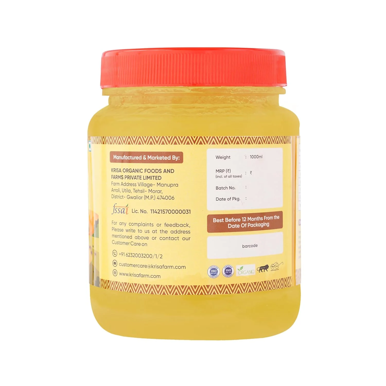 100% Natural Cow Ghee By Krisa Organic | Rich In Nutrients & Vitamins A, D Healthy Pure Desi Ghee Good For Bakes Cookies | (1 Litre) 33.8 Ounce | Jar Pack - Image 2