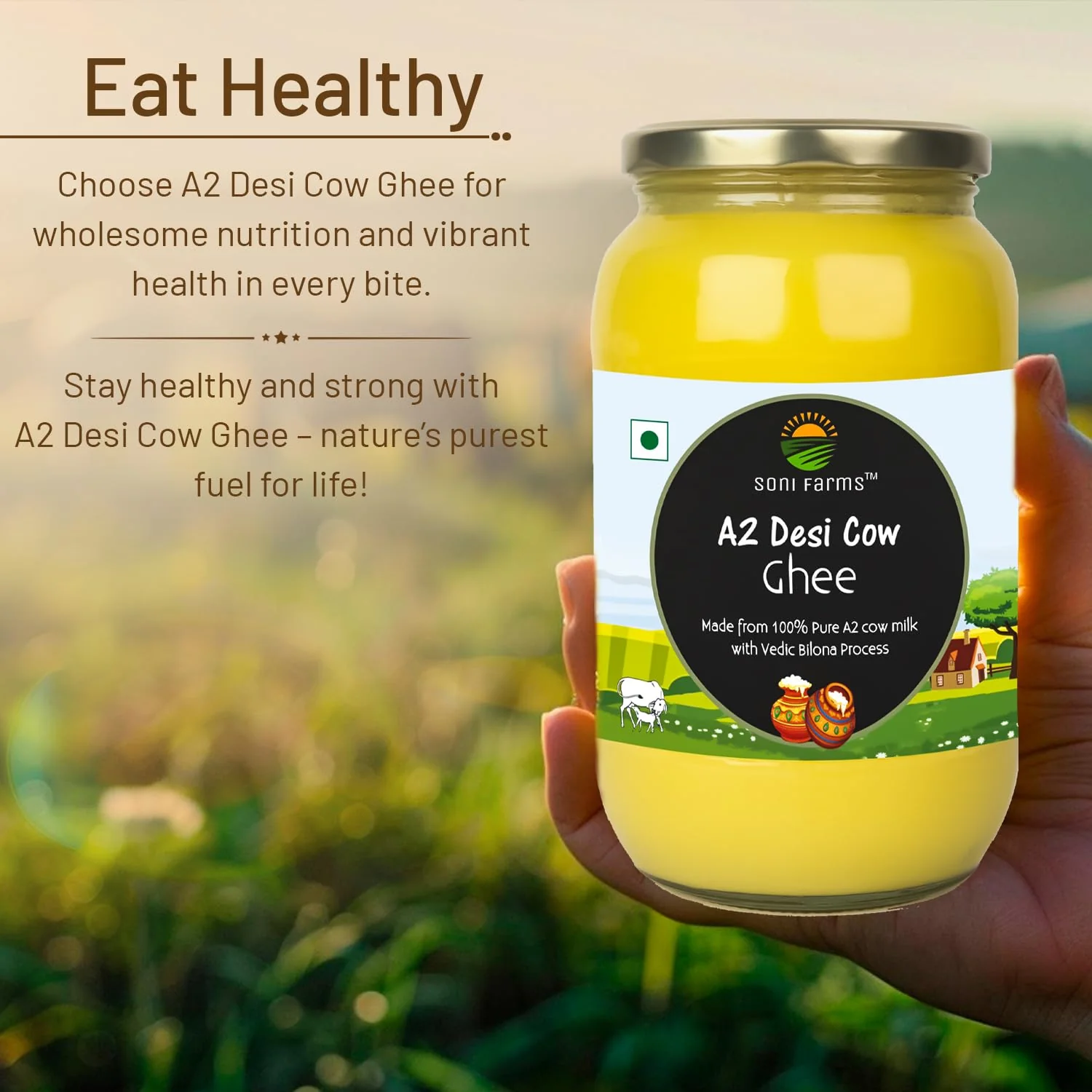 100% Pure 2 Cow Desi Ghee By Soni Farms | Traditional Bilona Method Healthy Pure Desi Ghee Good For Frying | (1 Litre) 33.8 Ounce | Jar Pack - Image 2