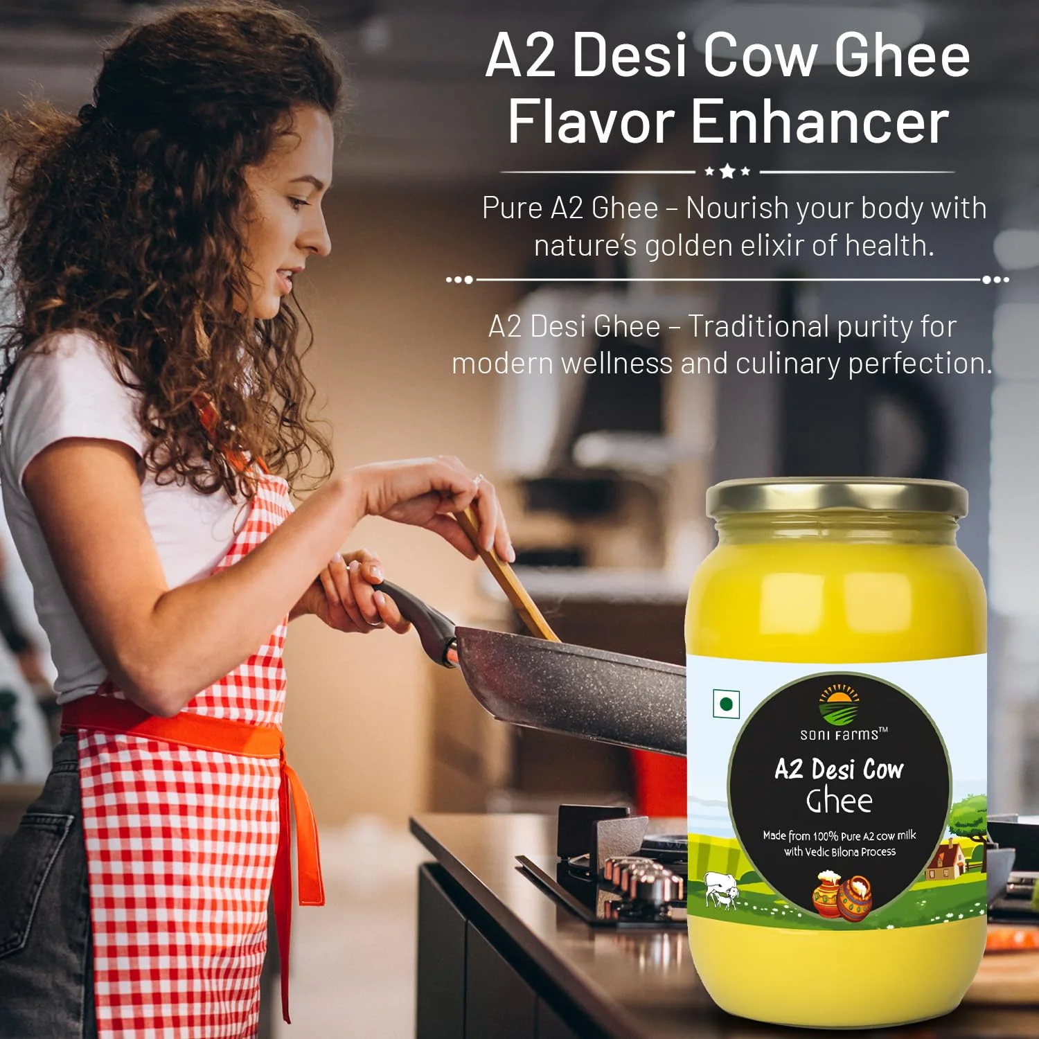 100% Pure 2 Cow Desi Ghee By Soni Farms | Traditional Bilona Method Healthy Pure Desi Ghee Good For Frying | (1 Litre) 33.8 Ounce | Jar Pack - Image 4