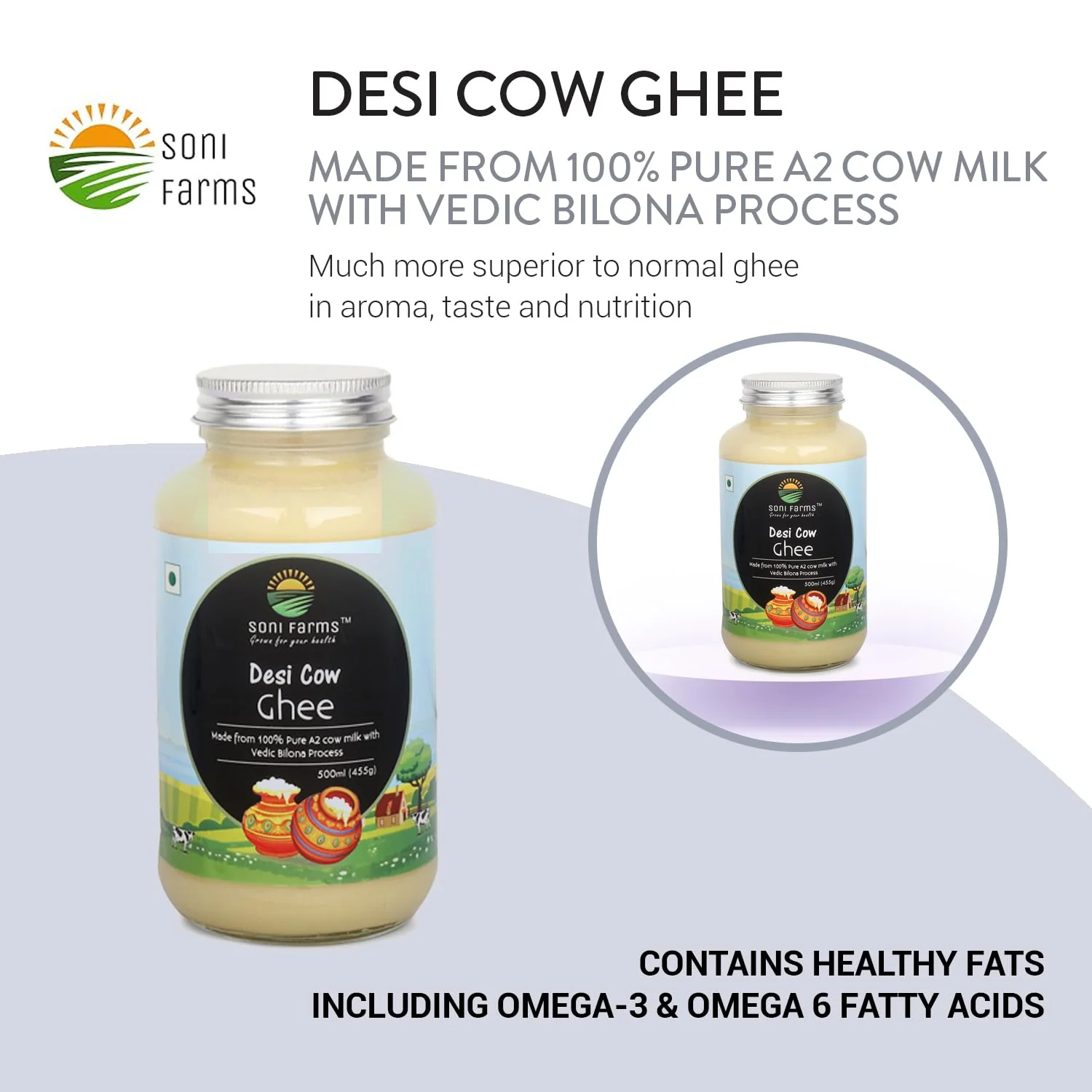 100% Pure 2 Cow Desi Ghee By Soni Farms | Traditional Bilona Method Healthy Pure Desi Ghee Good For Taste | (500ml) 16.9 Ounce | Jar Pack - Image 3