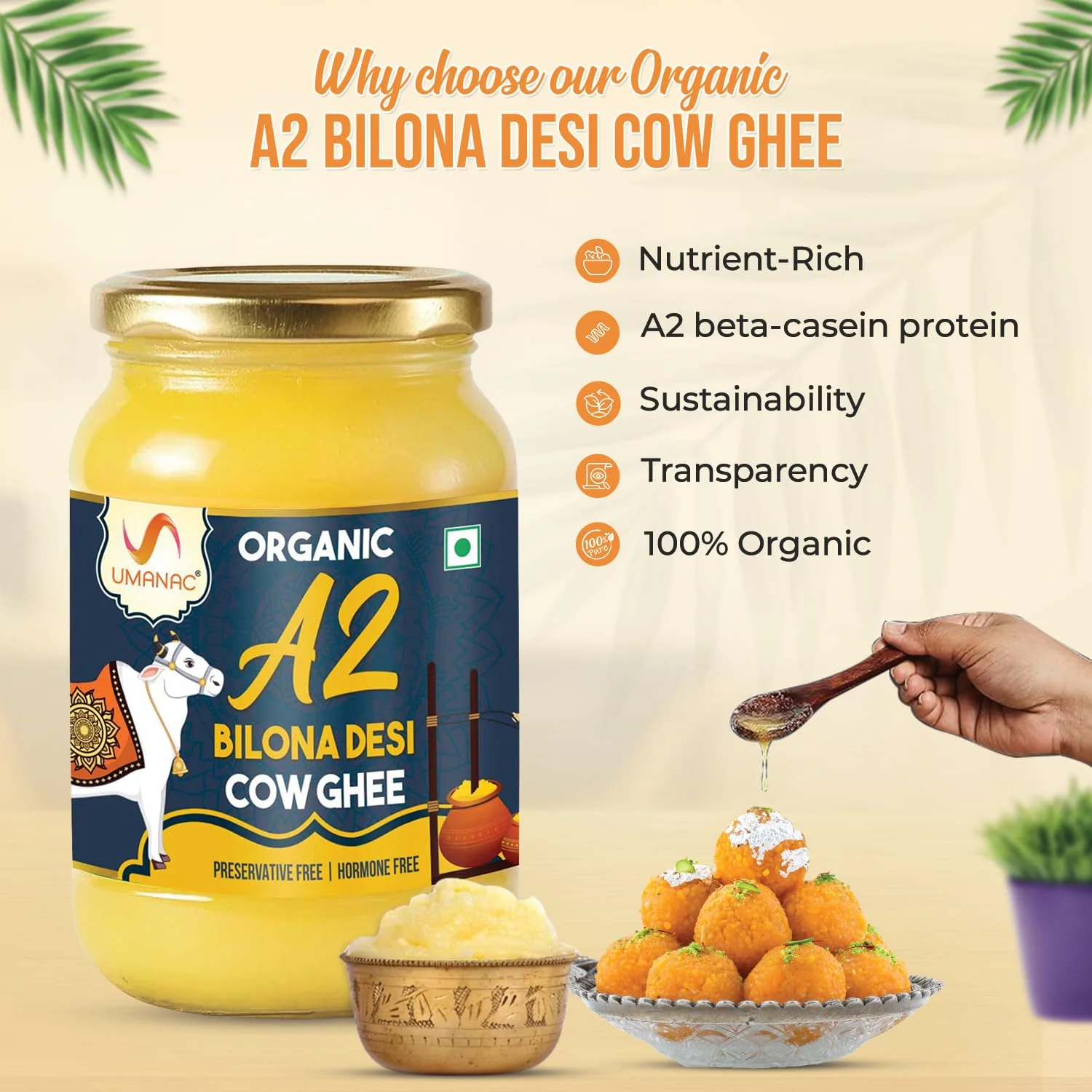 100% Pure A2 Bilona Desi Cow Ghee By Umanac | Traditional Hand Churned Bilona Method Desi Ghee Good For Hair & Skin | (500ml) 16.9 Ounce | Jar Pack - Image 2