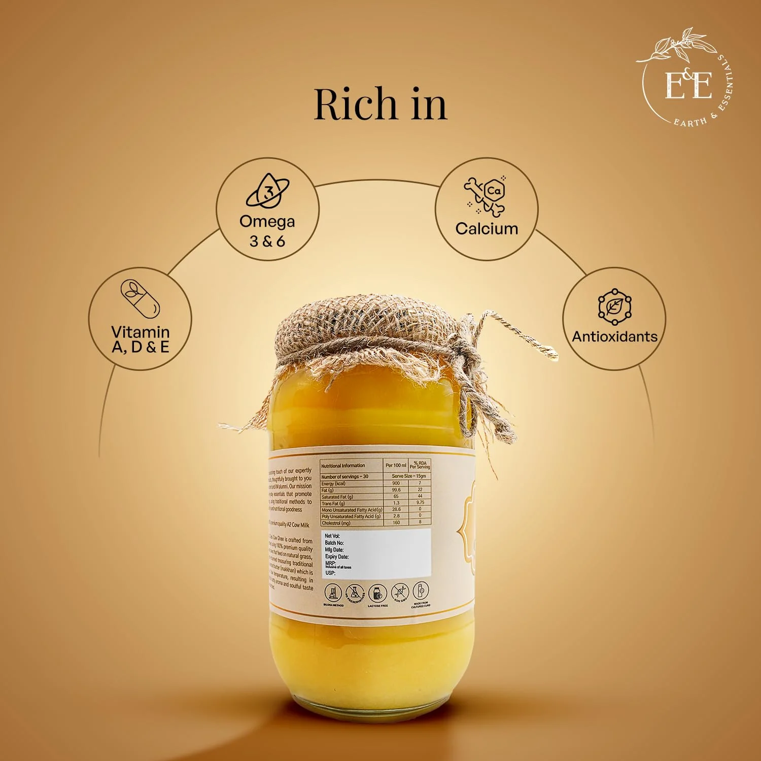 100% Pure A2 Desi Cow Ghee By Earth And Essentials | Made With Ancient Bilona Method Natural & Healthy Danedar Ghee Ideal For Baking | 2 Liters (1 Litr * 2) 67.6 Ounce | Jar Pack - Image 2