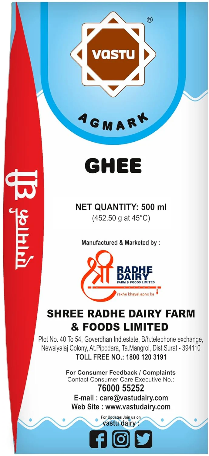 100% Pure Agmark Ghee By Vastu | Rich In Vitamins A, D, E & K Healthy Desi Ghee Good For Diet | (500ml) 16.9 Ounce | Box Pack - Image 3