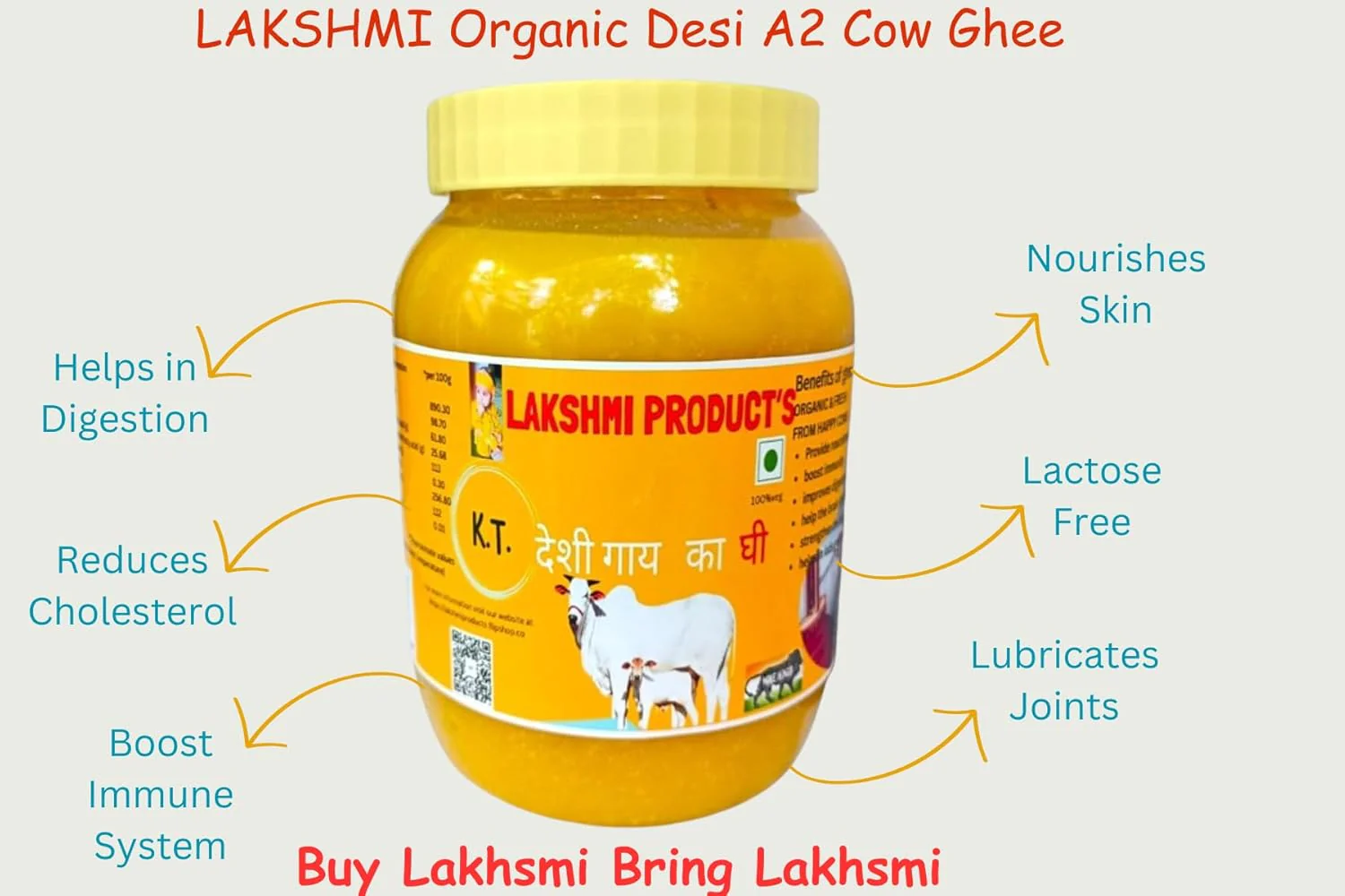 100% Pure Desi Cow Ghee By Lakshmi Product'S | Organic Homemade Bilona Method Grass Fed Desi Cow Ghee Good For Health | (500ml) 16.9 Ounce | Jar Pack - Image 2