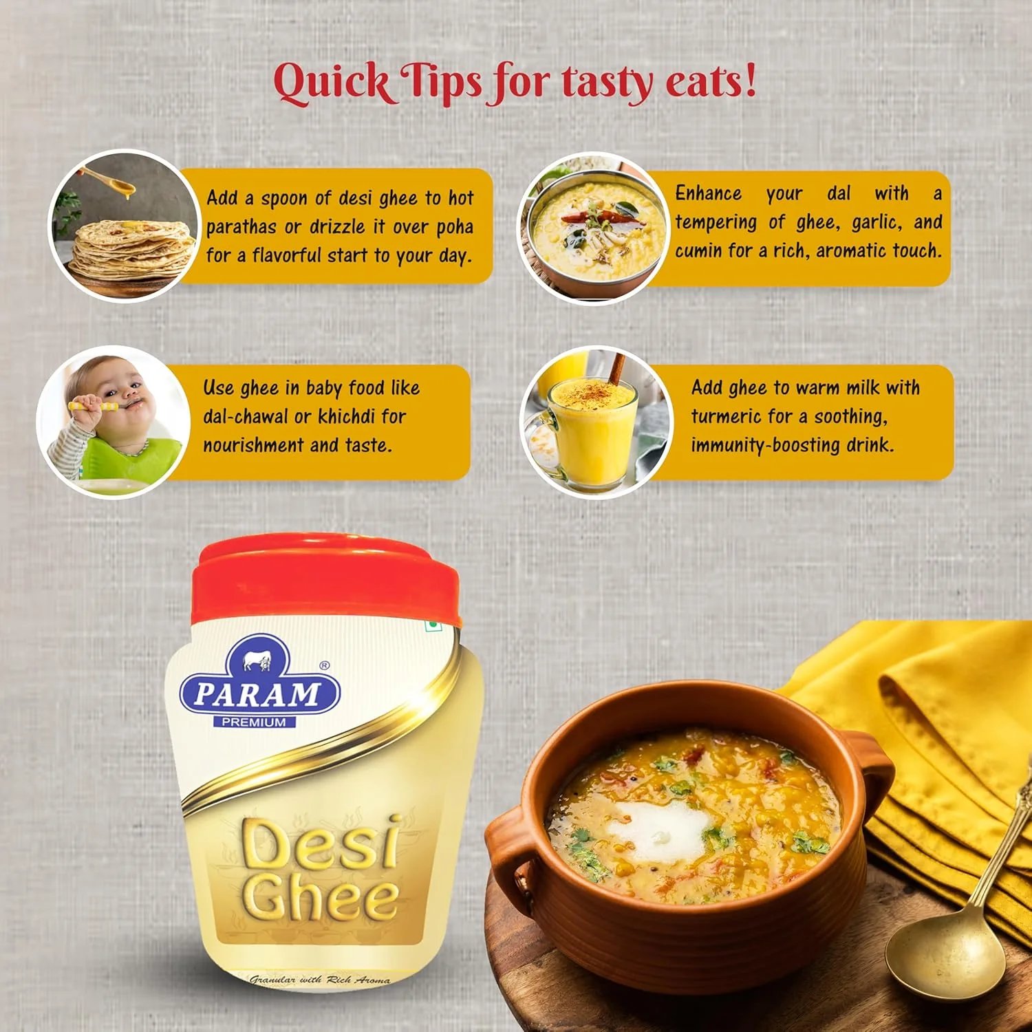 100% Pure Desi Ghee By Param Premium | Naturally Desi Ghee With Rich Aroma For Perfect For Havan & Puja | (500ml) 16.9 Ounce | Jar Pack - Image 2