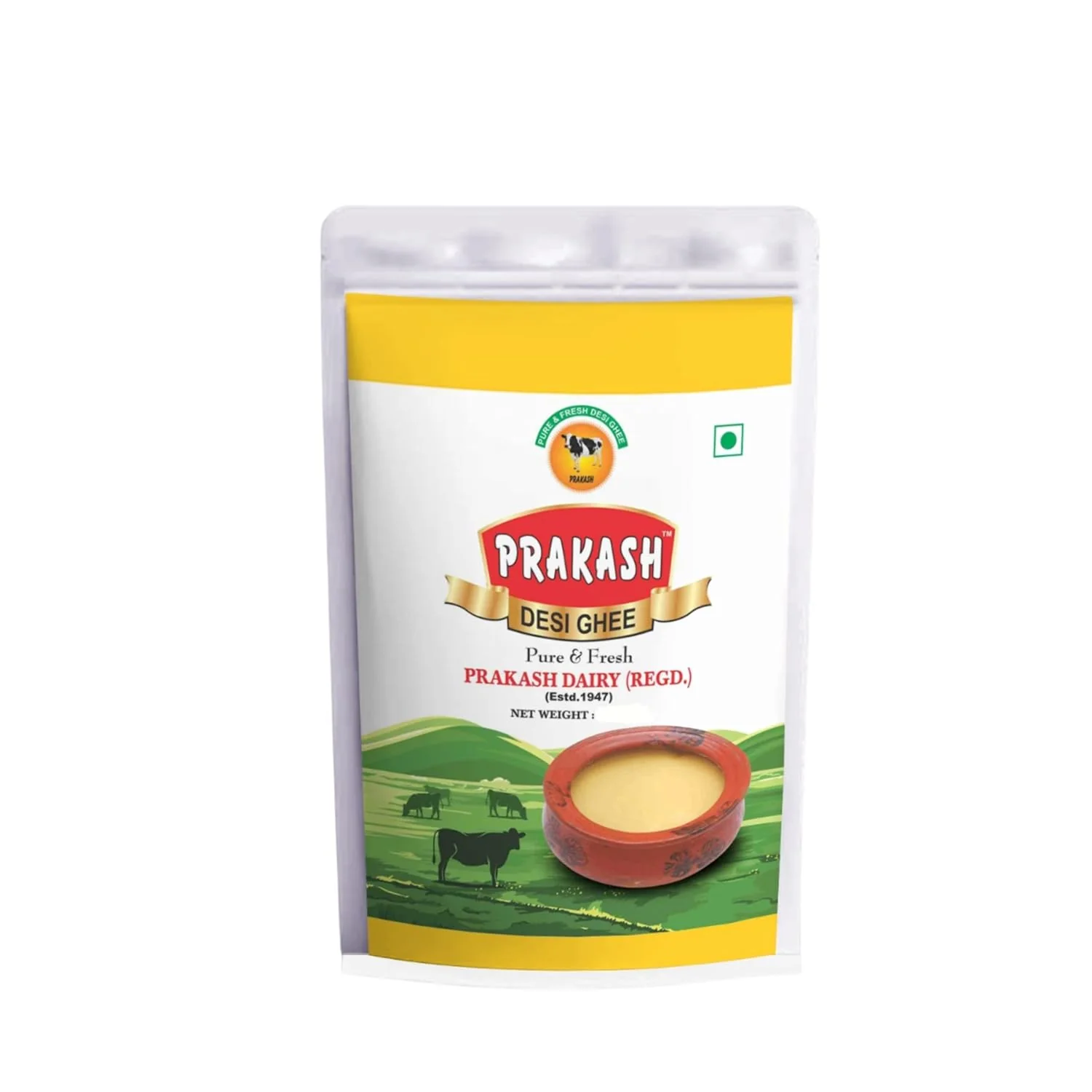 100% Pure & Fresh Desi Ghee By Prakash Dairy | Traditionally Hand Churned Vedic Bilona Method Desi Ghee For Sweets | (1 Litr) 33.8 Ounce | Pouch Pack
