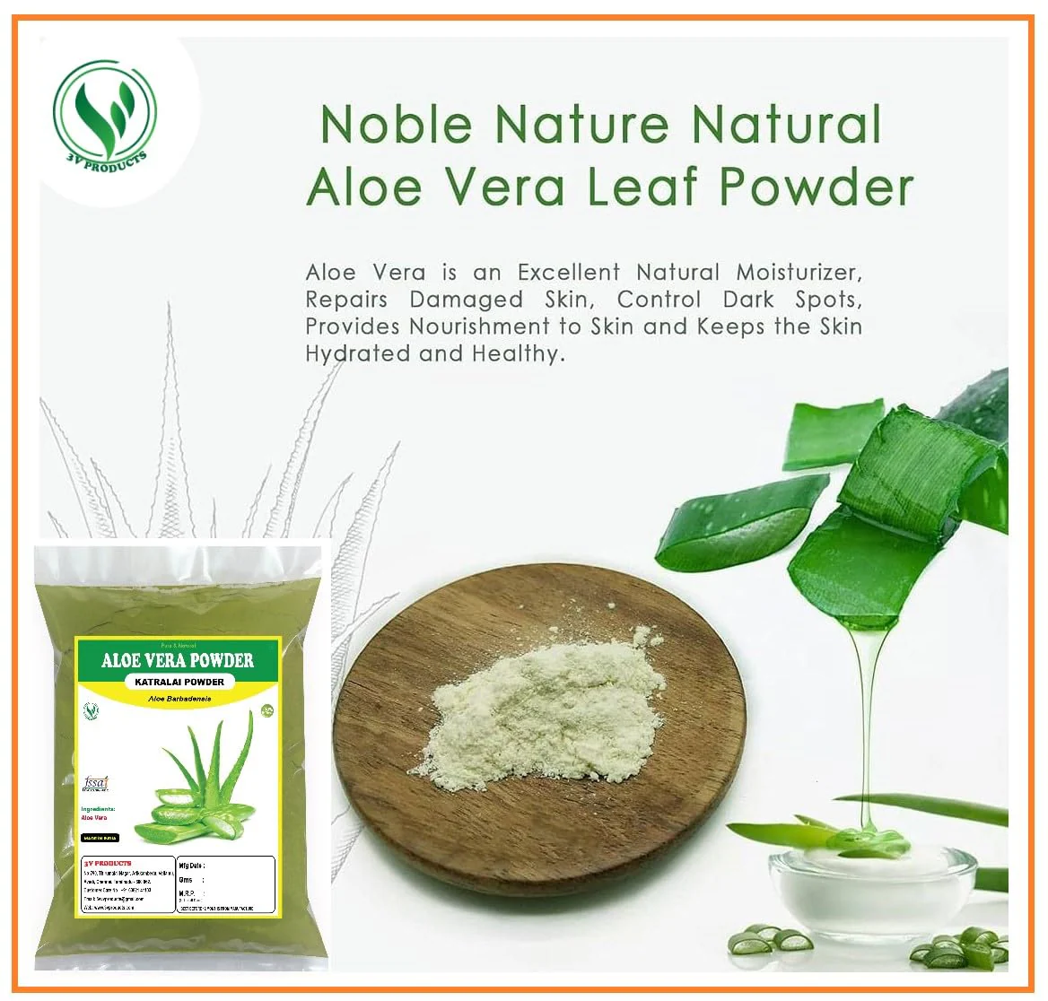 3V Products Aloe Vera Powder, Aloe Barbadensis, Katralai, Kathalai, 100% Pure & Natural Organically Grown Aloe Vera Powder | 100gm 0.2lbs - Image 3
