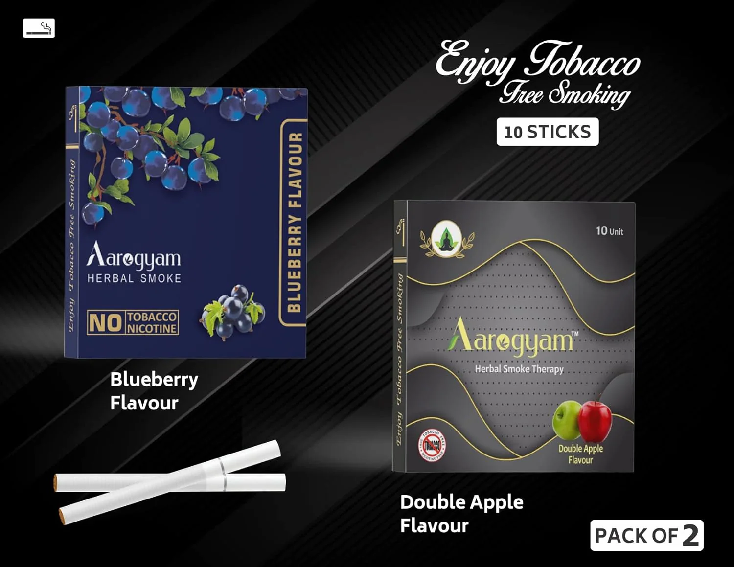 Aarogyam Herbals Pack Of 2 Flavours 100% Tobacco & Nicotine Free Cigarette For Relieve Stress & Mood Enhance Product Double Apple - Bluberry - 10 Sticks X 2 Packets - Image 2
