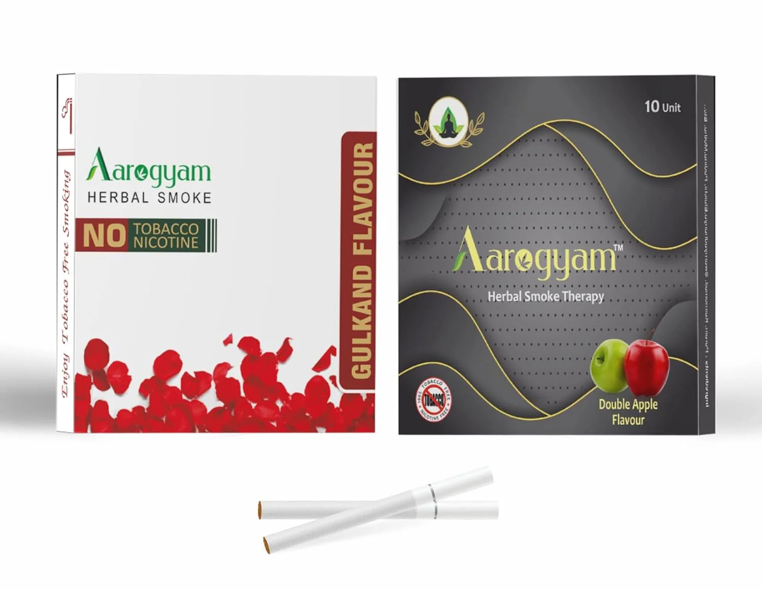Aarogyam Herbals Pack Of 2 Flavours 100% Tobacco & Nicotine Free Cigarette For Relieve Stress & Mood Enhance Product Double Apple, Gulkand - 10 Sticks X 2 Packets