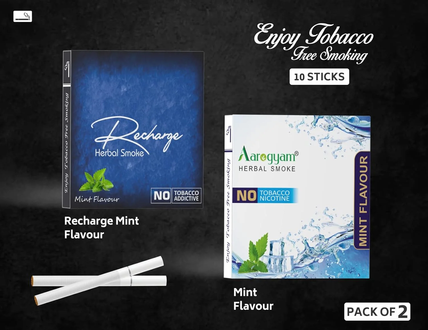 Aarogyam Herbals Pack Of 2 Flavours 100% Tobacco & Nicotine Free Cigarette For Relieve Stress & Mood Enhance Product Mint, Recharge - 10 Sticks X 2 Packets - Image 2