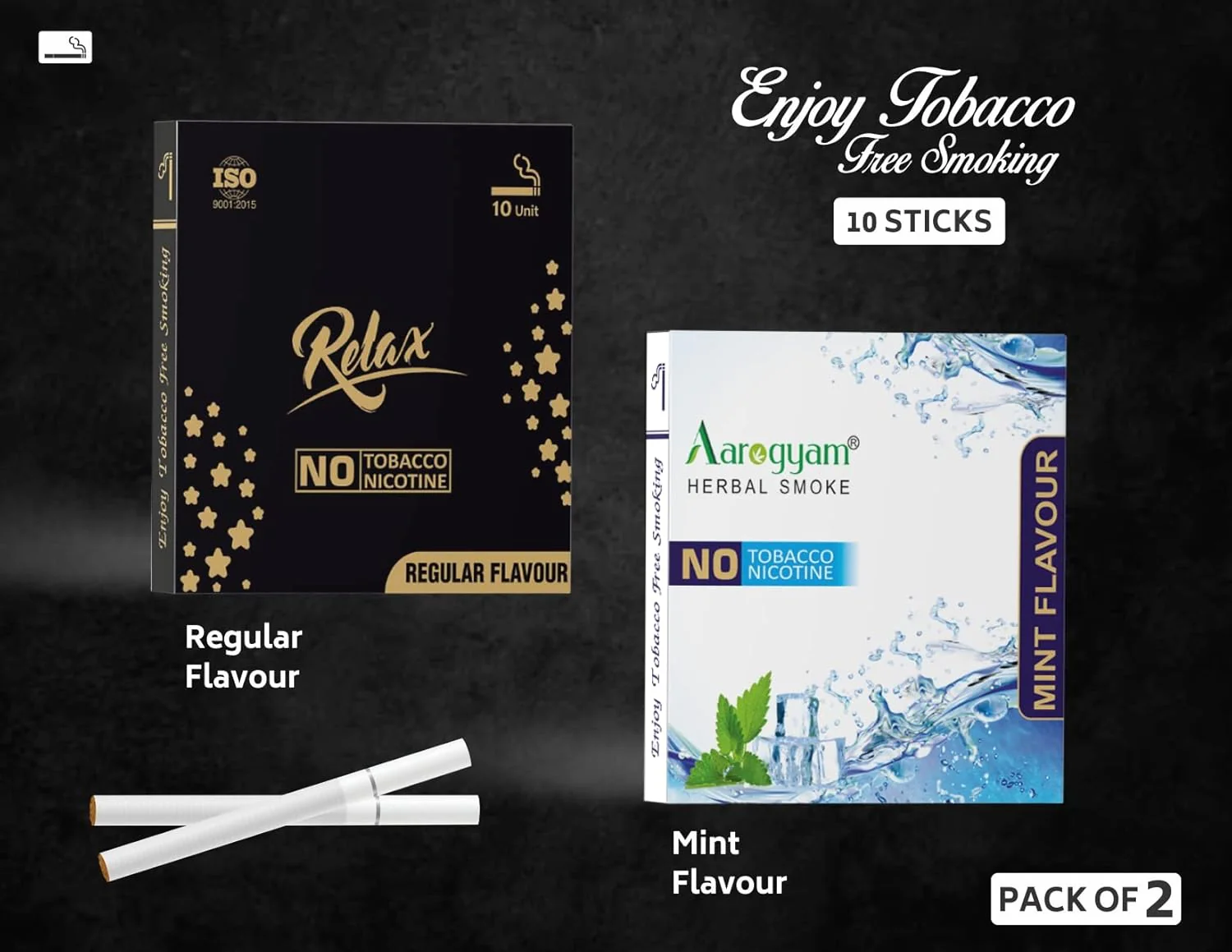 Aarogyam Herbals Pack Of 2 Flavours 100% Tobacco & Nicotine Free Cigarette For Relieve Stress & Mood Enhance Product Mint, Relax Regular - 10 Sticks X 2 Packets - Image 2
