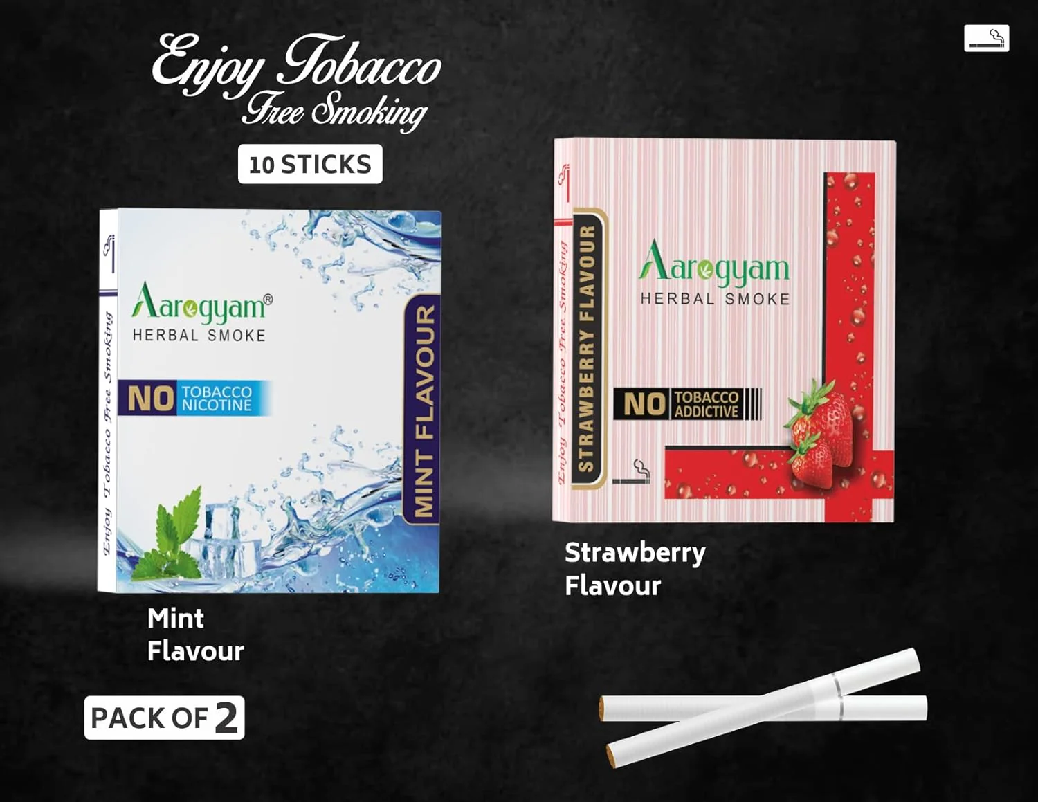 Aarogyam Herbals Pack Of 2 Flavours 100% Tobacco & Nicotine Free Cigarette For Relieve Stress & Mood Enhance Product Mint, Strawberry - 10 Sticks X 2 Packets - Image 4