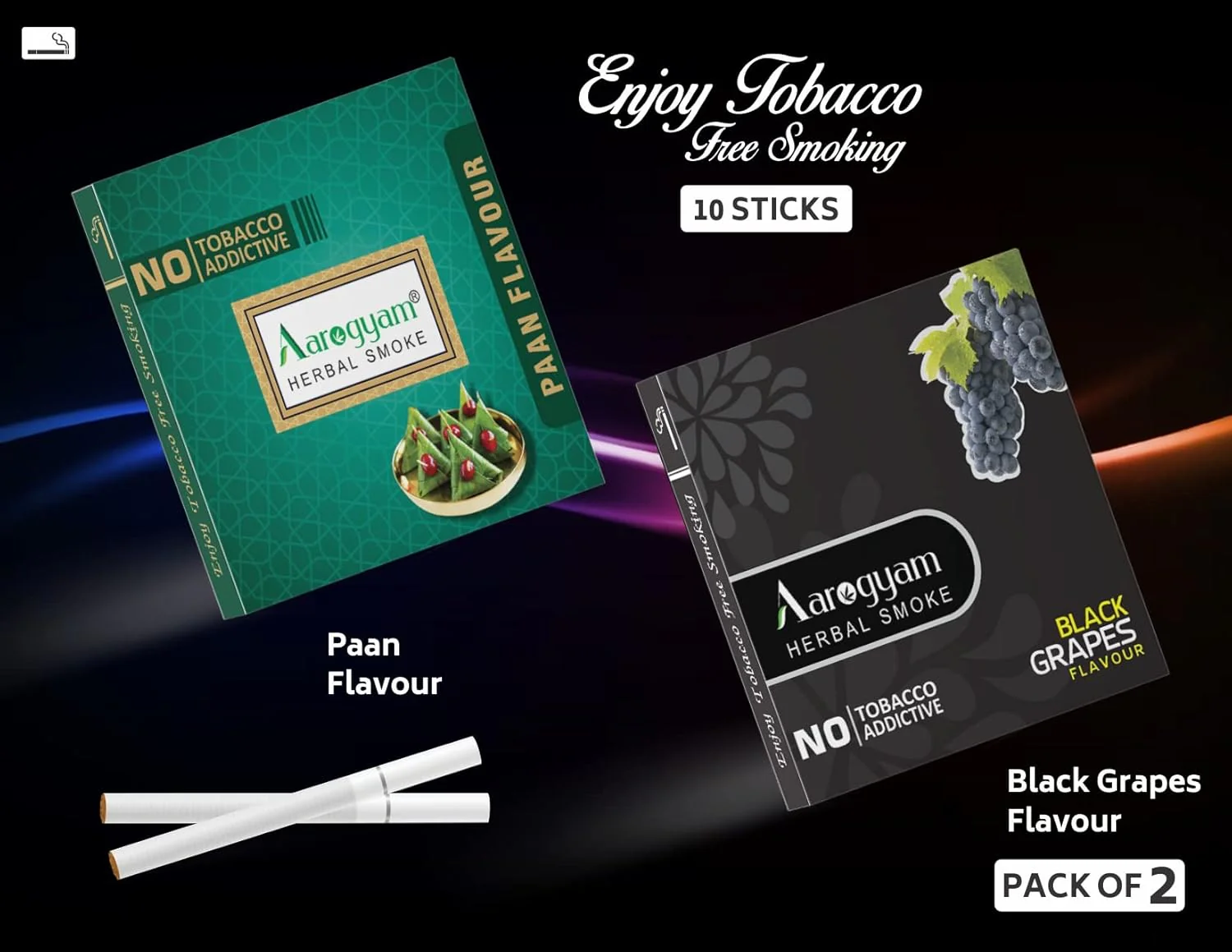 Aarogyam Herbals Pack Of 2 Flavours 100% Tobacco & Nicotine Free Cigarette For Relieve Stress & Mood Enhance Product Paan, Black Grapes - 10 Sticks X 2 Packets - Image 3