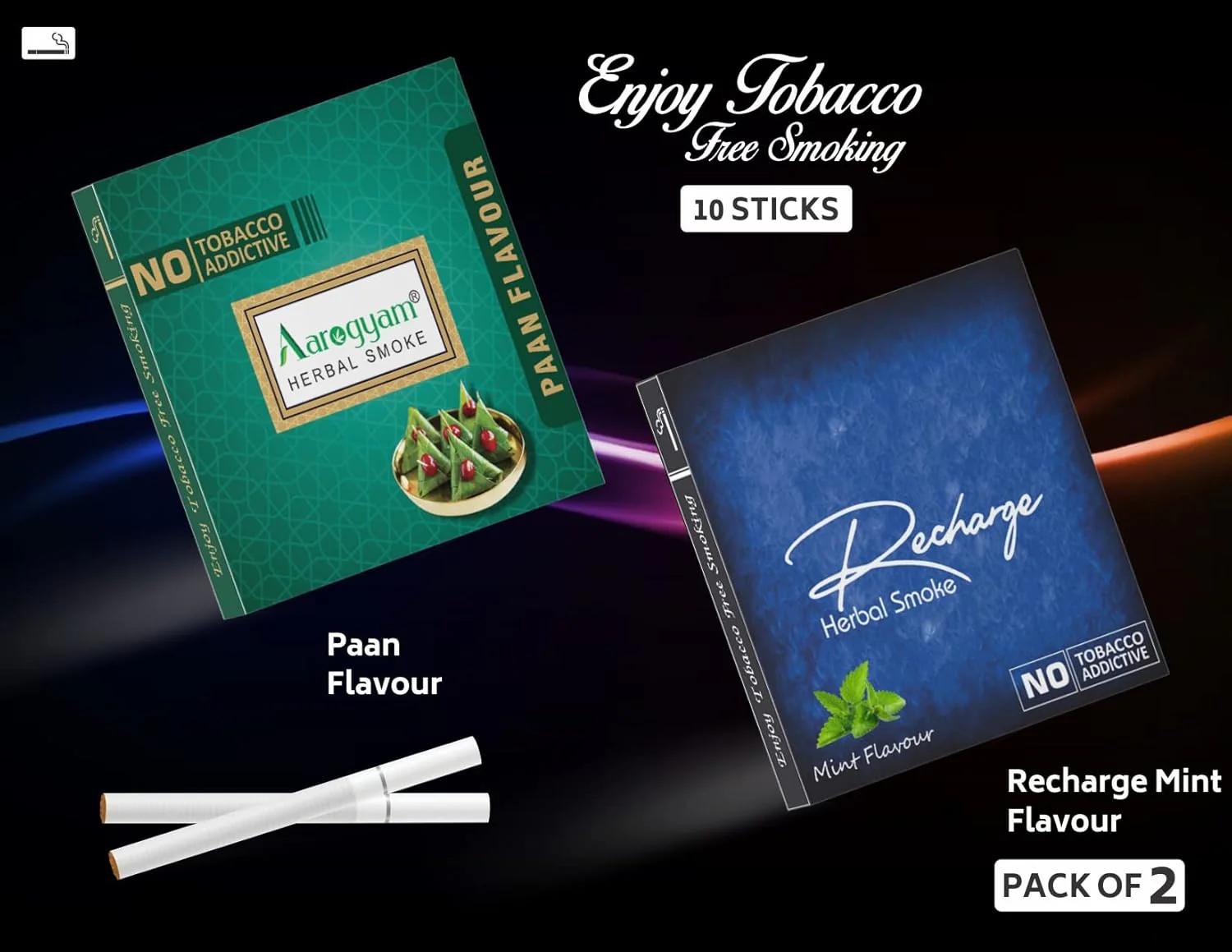 Aarogyam Herbals Pack Of 2 Flavours 100% Tobacco & Nicotine Free Cigarette For Relieve Stress & Mood Enhance Product Paan, Recharge - 10 Sticks X 2 Packets - Image 3