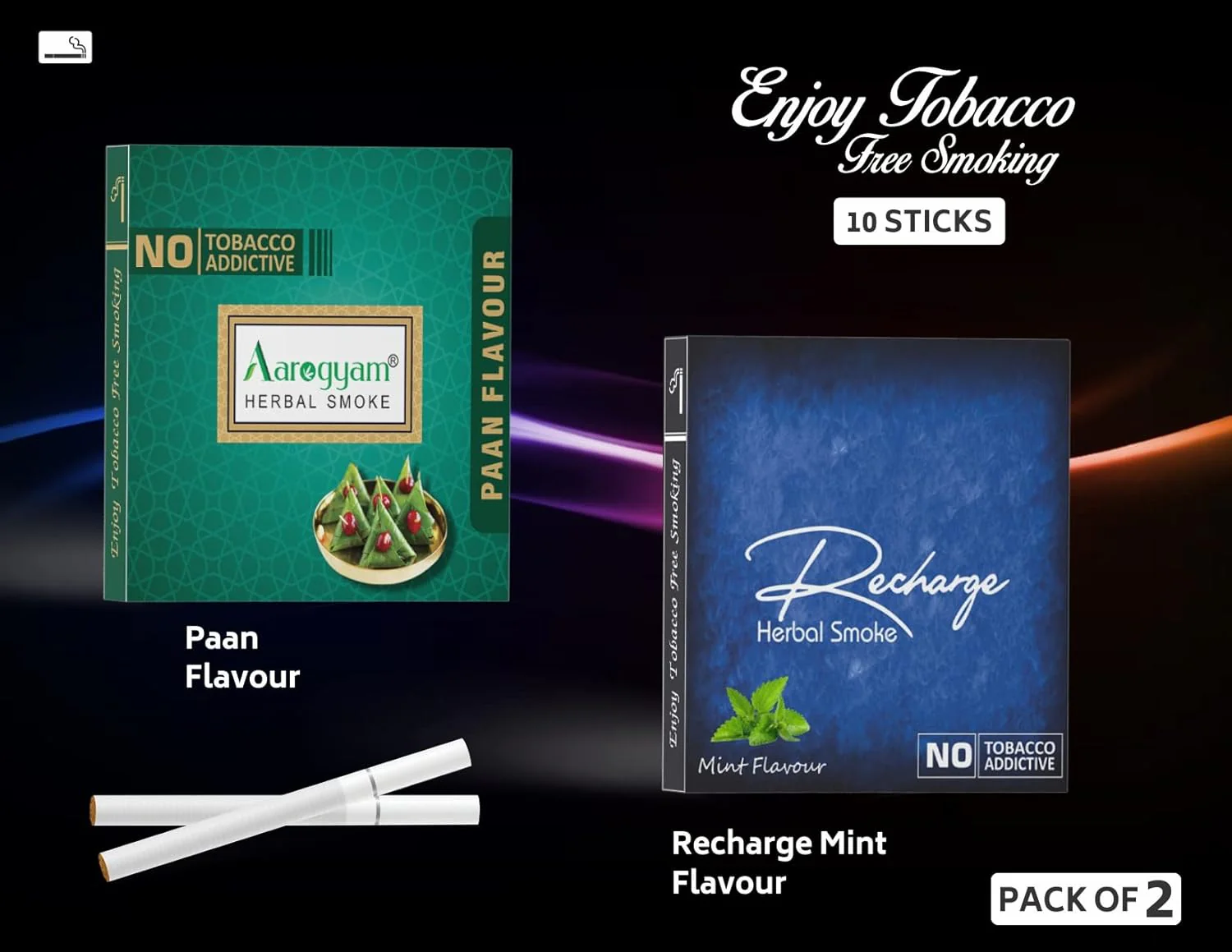 Aarogyam Herbals Pack Of 2 Flavours 100% Tobacco & Nicotine Free Cigarette For Relieve Stress & Mood Enhance Product Paan, Recharge - 10 Sticks X 2 Packets - Image 4