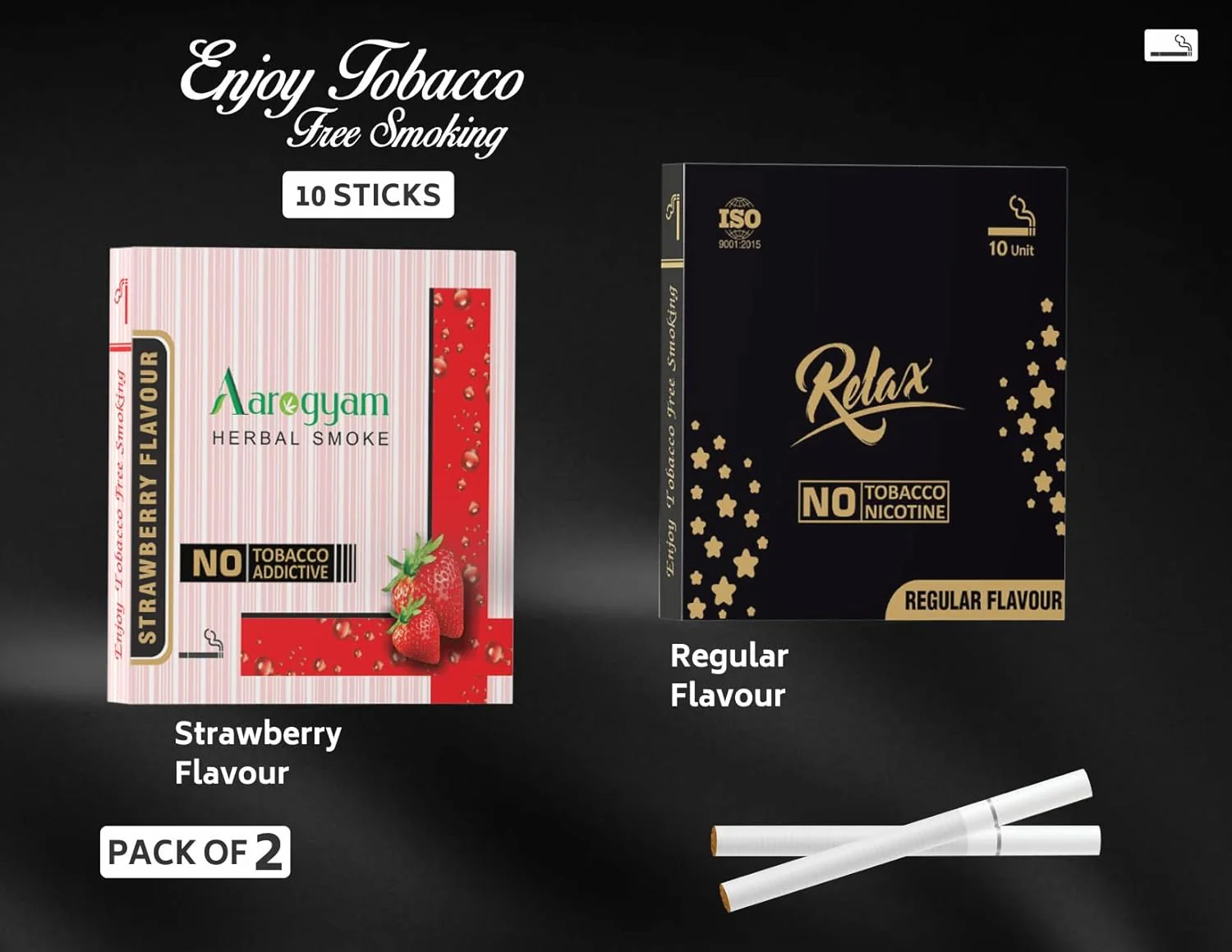 Aarogyam Herbals Pack Of 2 Flavours 100% Tobacco & Nicotine Free Cigarette For Relieve Stress & Mood Enhance Product Relax Regular, Strawberry - 10 Sticks X 2 Packets - Image 2