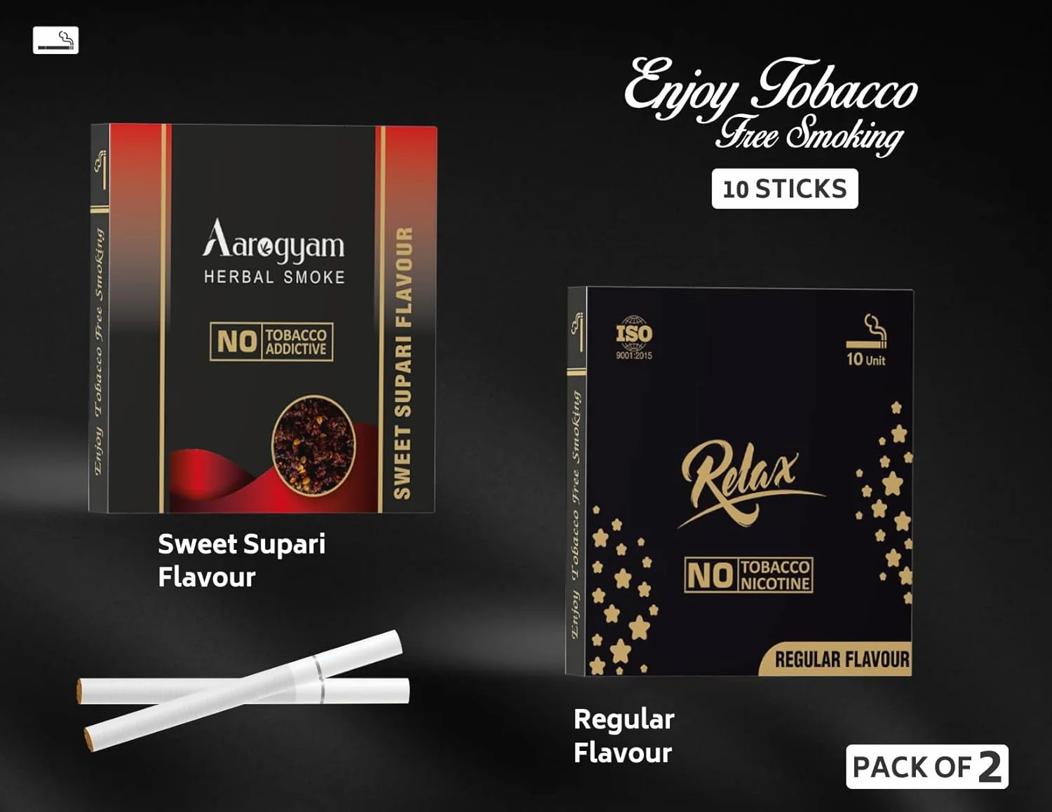 Aarogyam Herbals Pack Of 2 Flavours 100% Tobacco & Nicotine Free Cigarette For Relieve Stress & Mood Enhance Product Relax Regular, Sweet Supari - 10 Sticks X 2 Packets - Image 2