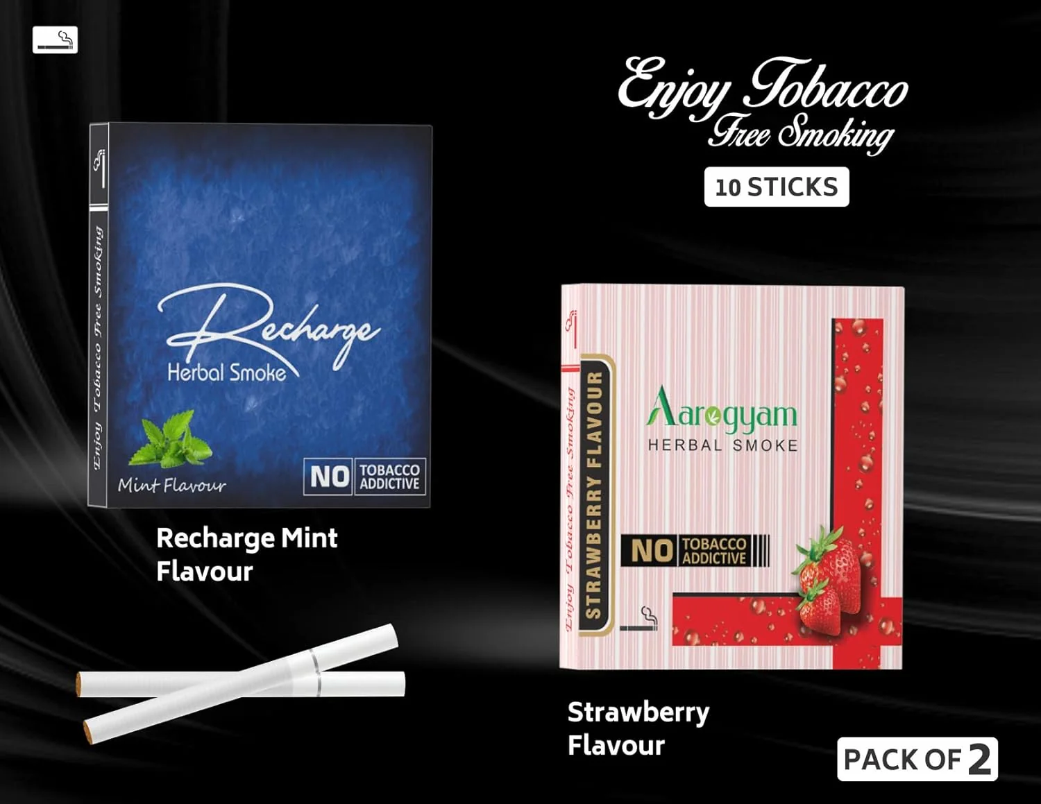 Aarogyam Herbals Pack Of 2 Flavours 100% Tobacco & Nicotine Free Cigarette For Relieve Stress & Mood Enhance Product Strawberry, Recharge - 10 Sticks X 2 Packets - Image 2