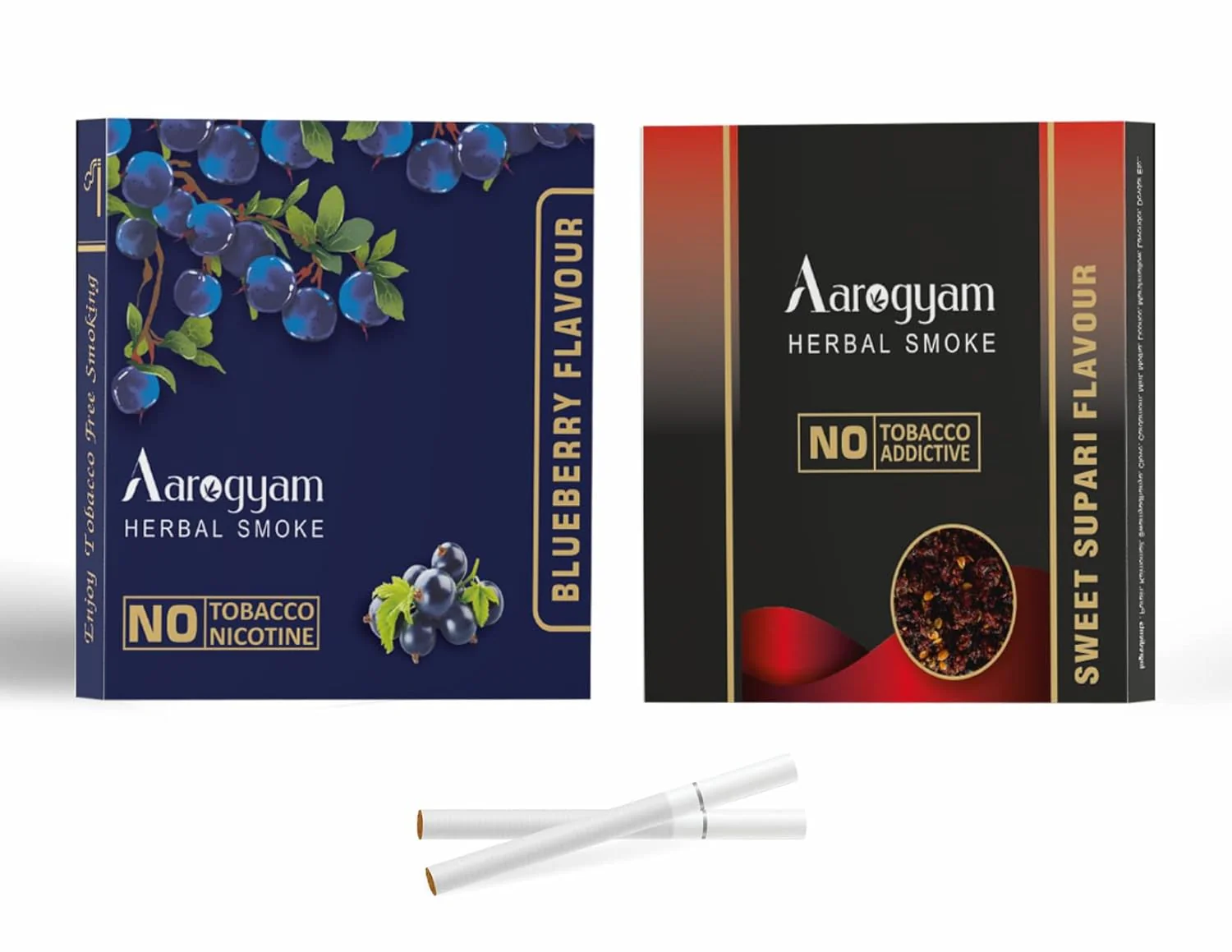Aarogyam Herbals Pack Of 2 Flavours 100% Tobacco & Nicotine Free Cigarette For Relieve Stress & Mood Enhance Product Sweet Supari - Blueberry - 10 Sticks X 2 Packets