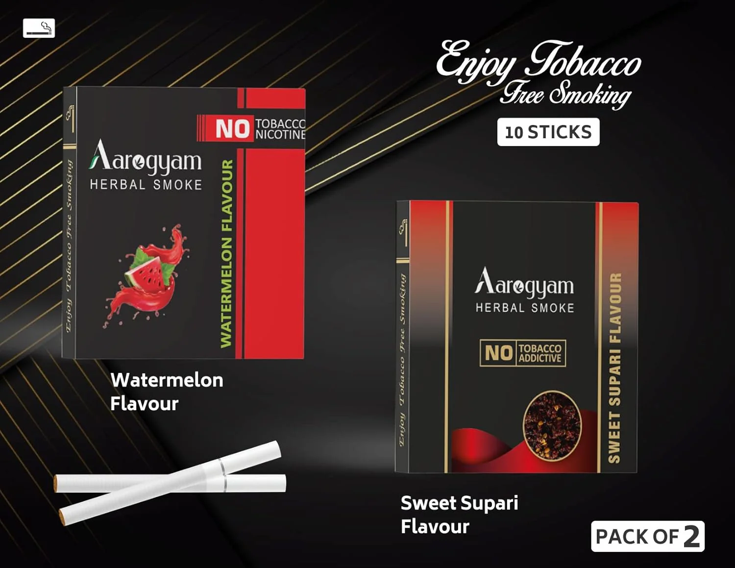 Aarogyam Herbals Pack Of 2 Flavours 100% Tobacco & Nicotine Free Cigarette For Relieve Stress & Mood Enhance Product Sweet Supari, Watermelon - 10 Sticks X 2 Packets - Image 2