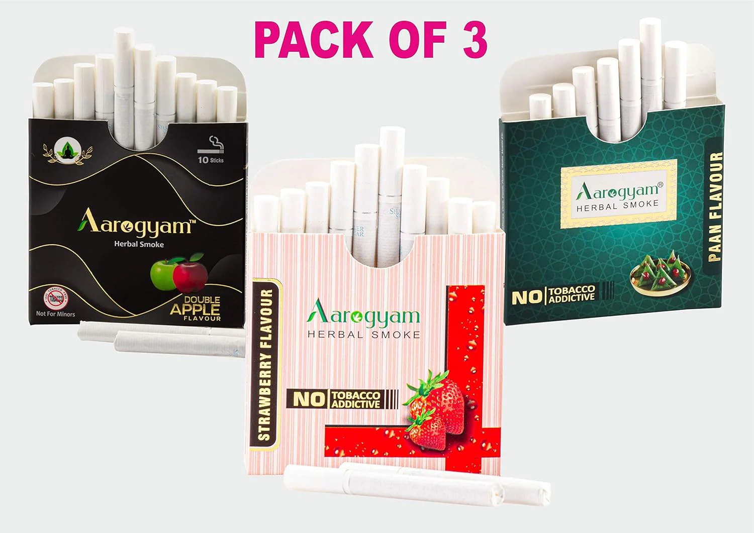 Aarogyam Herbals Tobacco & Nicotine Free Flavored Smoke For Relieve Stress And Mood Enhance Product - Double Apple, Strawberry, Paan Masala Flavour - Pack Of 3 30 Sticks - Image 2