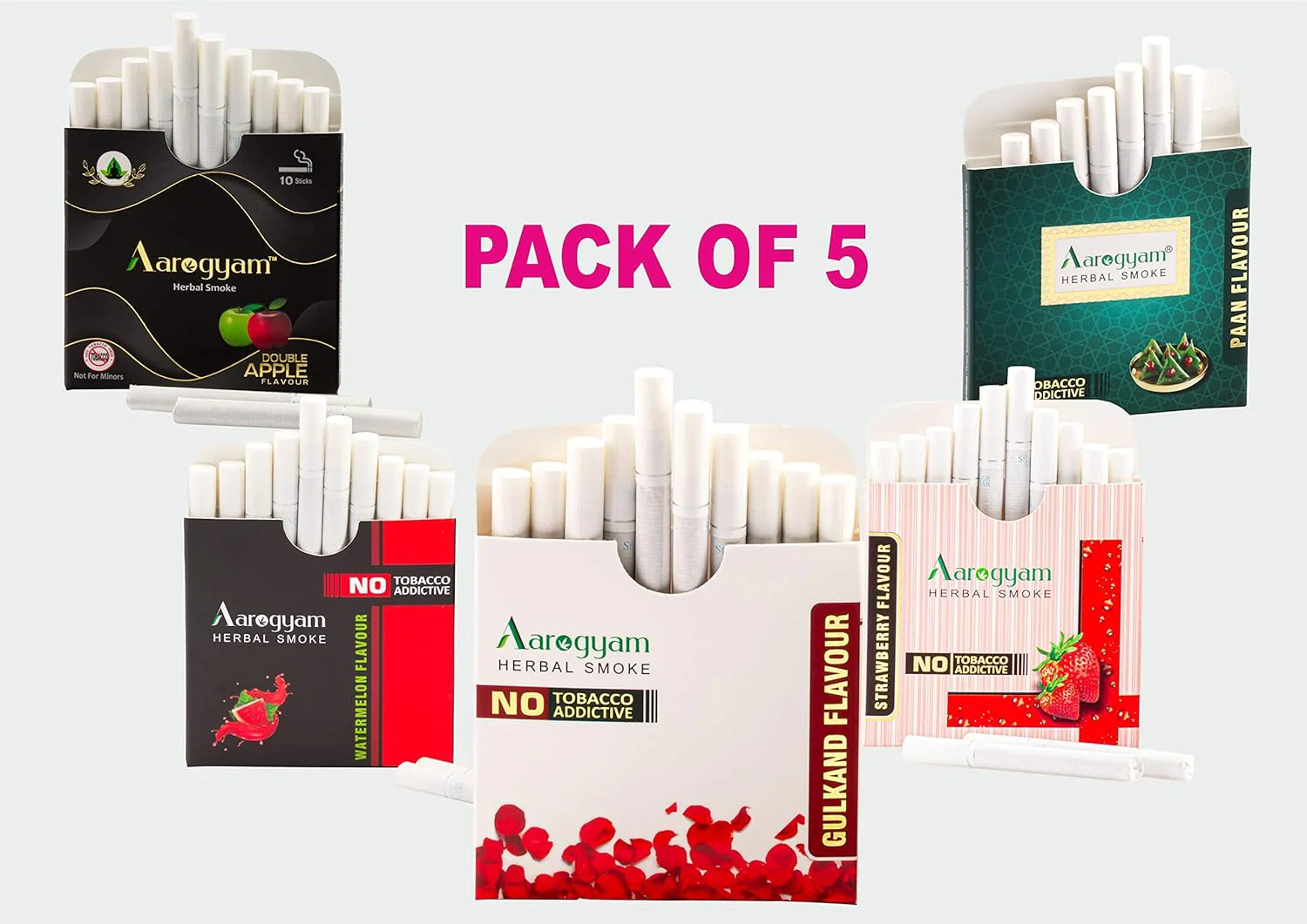 Aarogyam Herbals Tobacco & Nicotine Free Herbal Flavor Cigarette For Relieve Stress - Double Apple, Gulkand, Watermelon, Strawberry, Paan Masala Flavour - Pack Of 5 50 Sticks - Image 2