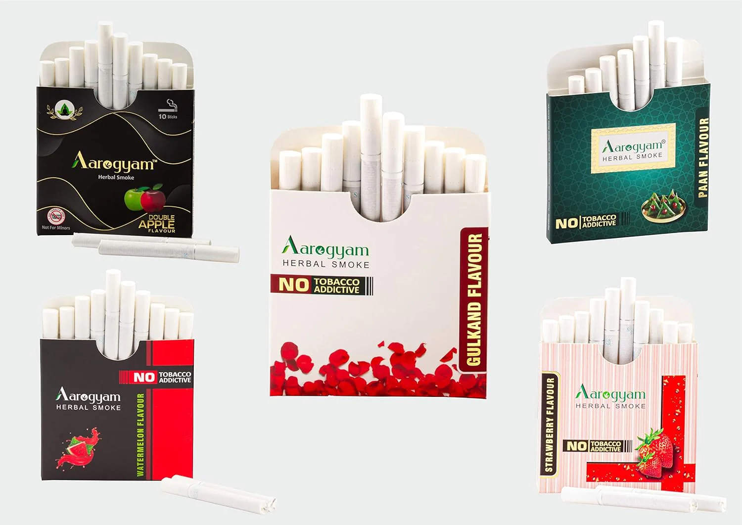 Aarogyam Herbals Tobacco & Nicotine Free Herbal Flavor Cigarette For Relieve Stress - Double Apple, Gulkand, Watermelon, Strawberry, Paan Masala Flavour - Pack Of 5 50 Sticks - Image 3