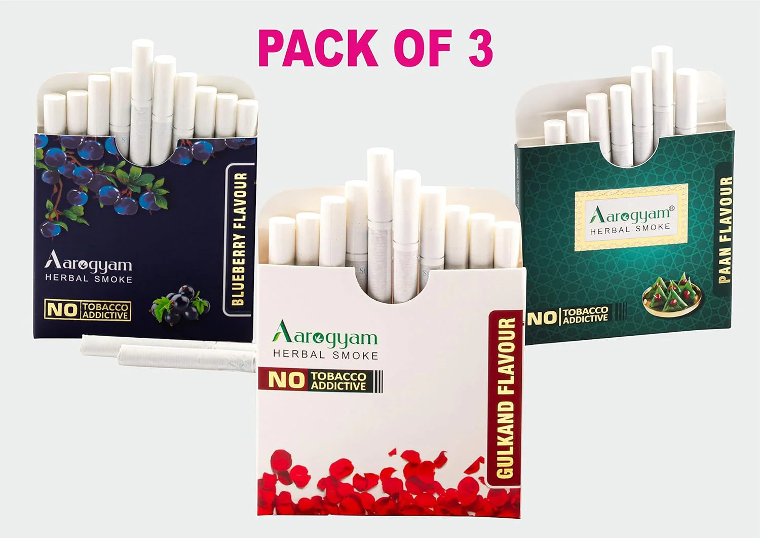 Aarogyam Herbals Tobacco & Nicotine Free Herbal Flavor Smoke For Relieve Stress And Mood Enhance Product - Blueberry, Gulkand, Paan Masala Flavour - Pack Of 3 30 Sticks - Image 2