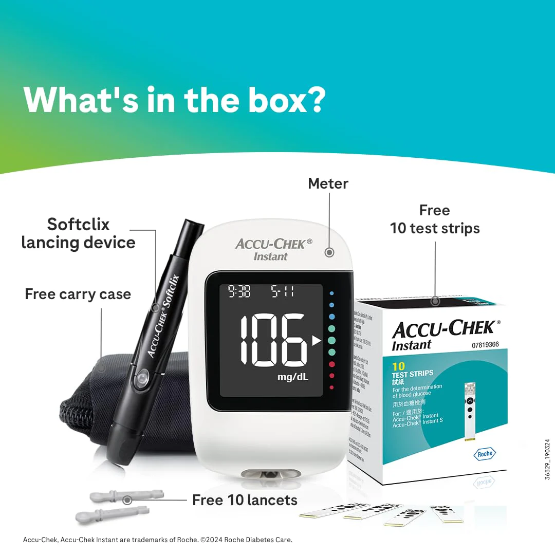 Accu-Chek Instant Blood Glucose Glucometer (with Bluetooth) with Vial of 10 Strips, 10 Lancets and a Lancing Device FREE for Accurate Blood Sugar Testing - Image 5