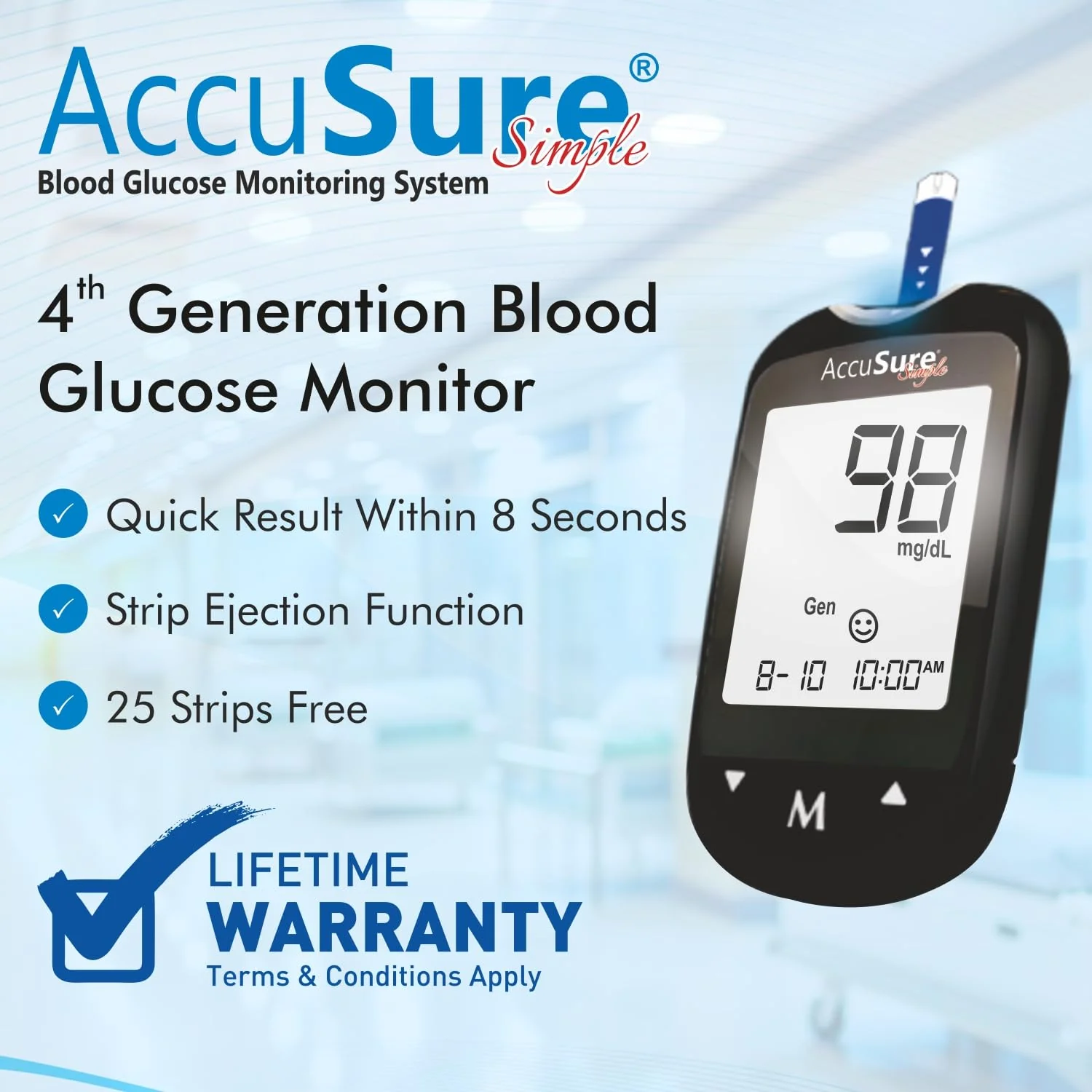 AccuSure Instant Digital Simple Glucometer Kit With 25 Strips+ 10 Lancets+ 1 Lancing Device For Accurate Blood Glucose Sugar Testing Machine - Image 2