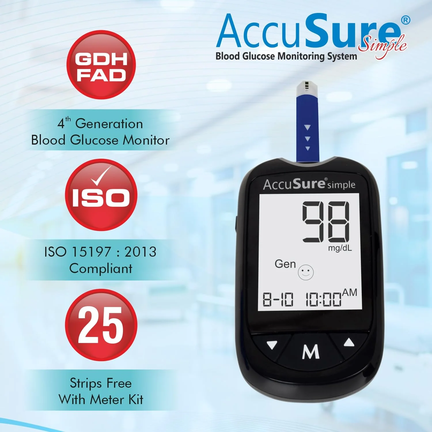 AccuSure Instant Digital Simple Glucometer Kit With 25 Strips+ 10 Lancets+ 1 Lancing Device For Accurate Blood Glucose Sugar Testing Machine - Image 3
