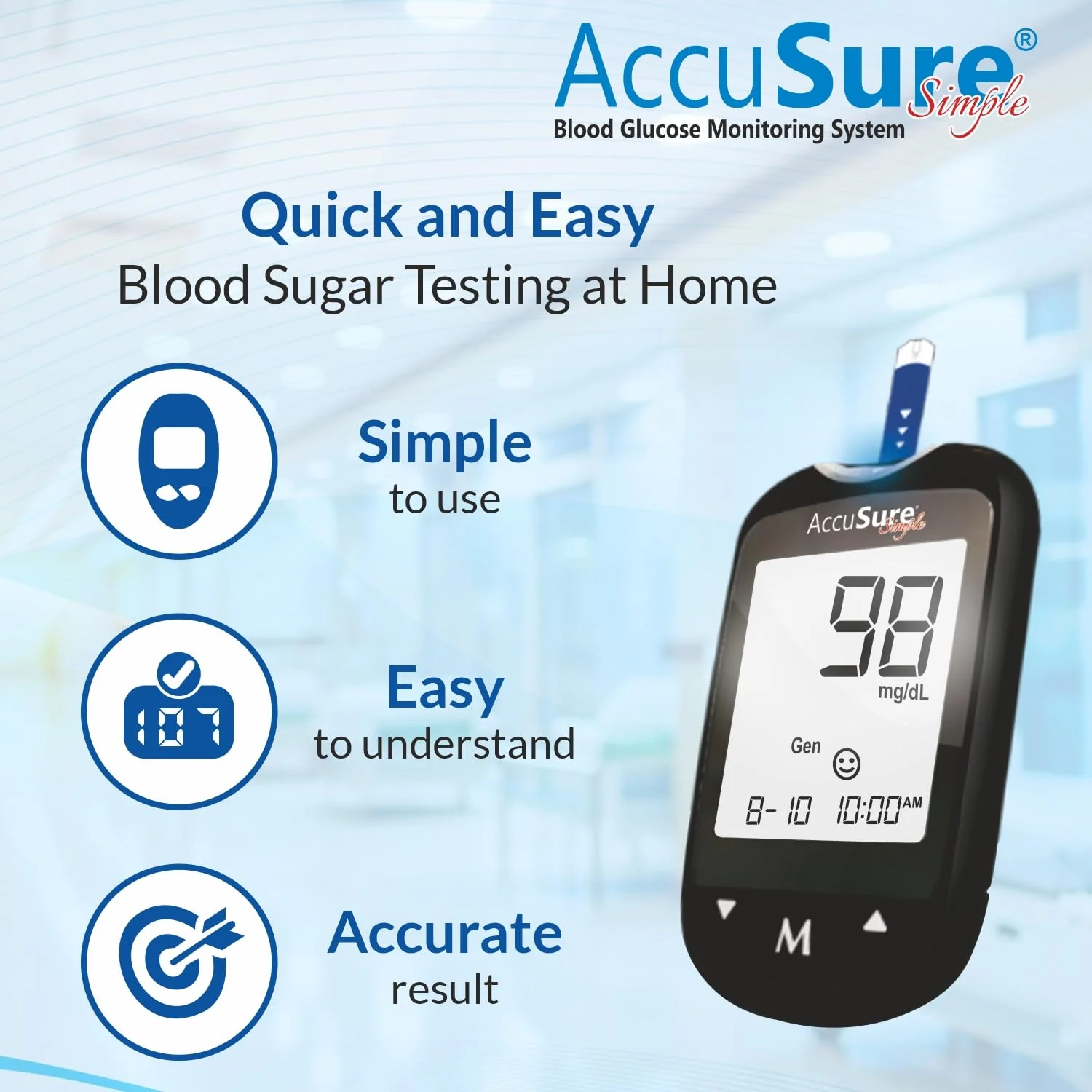 AccuSure Instant Digital Simple Glucometer Kit With 25 Strips+ 10 Lancets+ 1 Lancing Device For Accurate Blood Glucose Sugar Testing Machine - Image 5