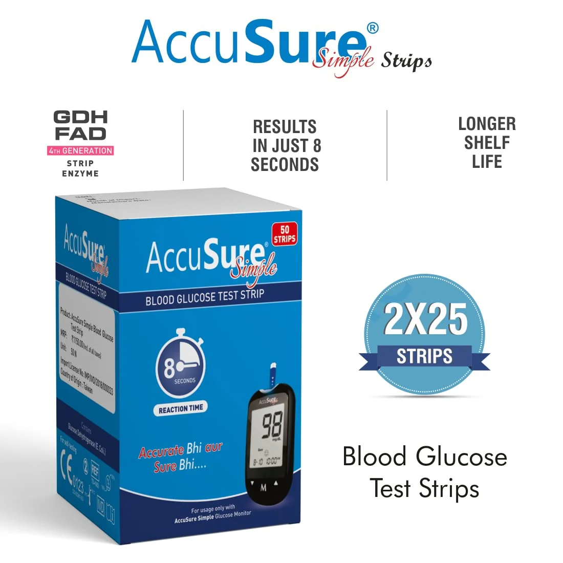 AccuSure Simple Blood Glucose Test Strip - (50 Strips) - Image 2