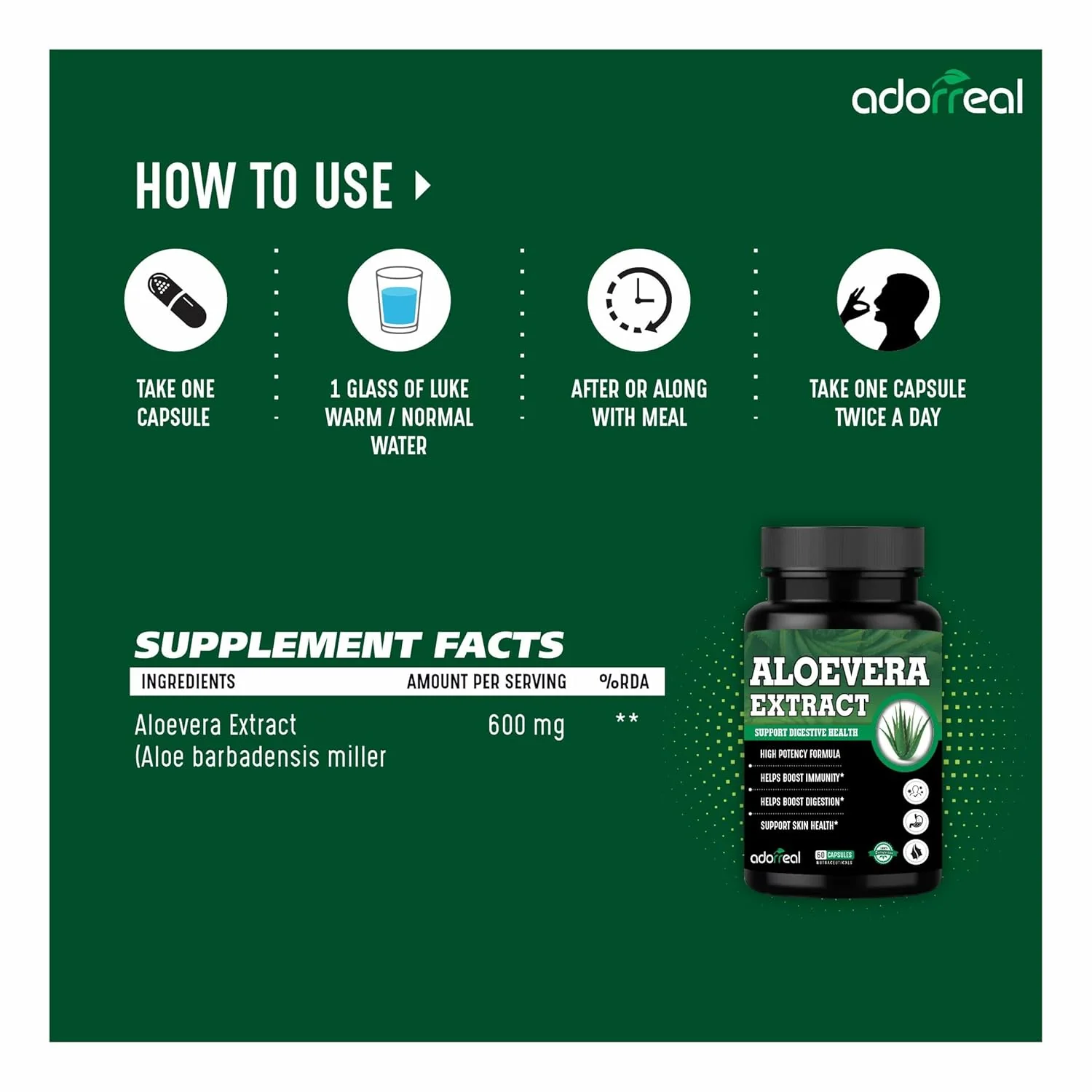 Adorreal Aloevera Extract Capsules, Weight Management, Boosts Digestion, Skin Health Support, Antioxidant Properties, Immunity Booster | 60 Capsules, 100gm 0.2lbs - Image 3