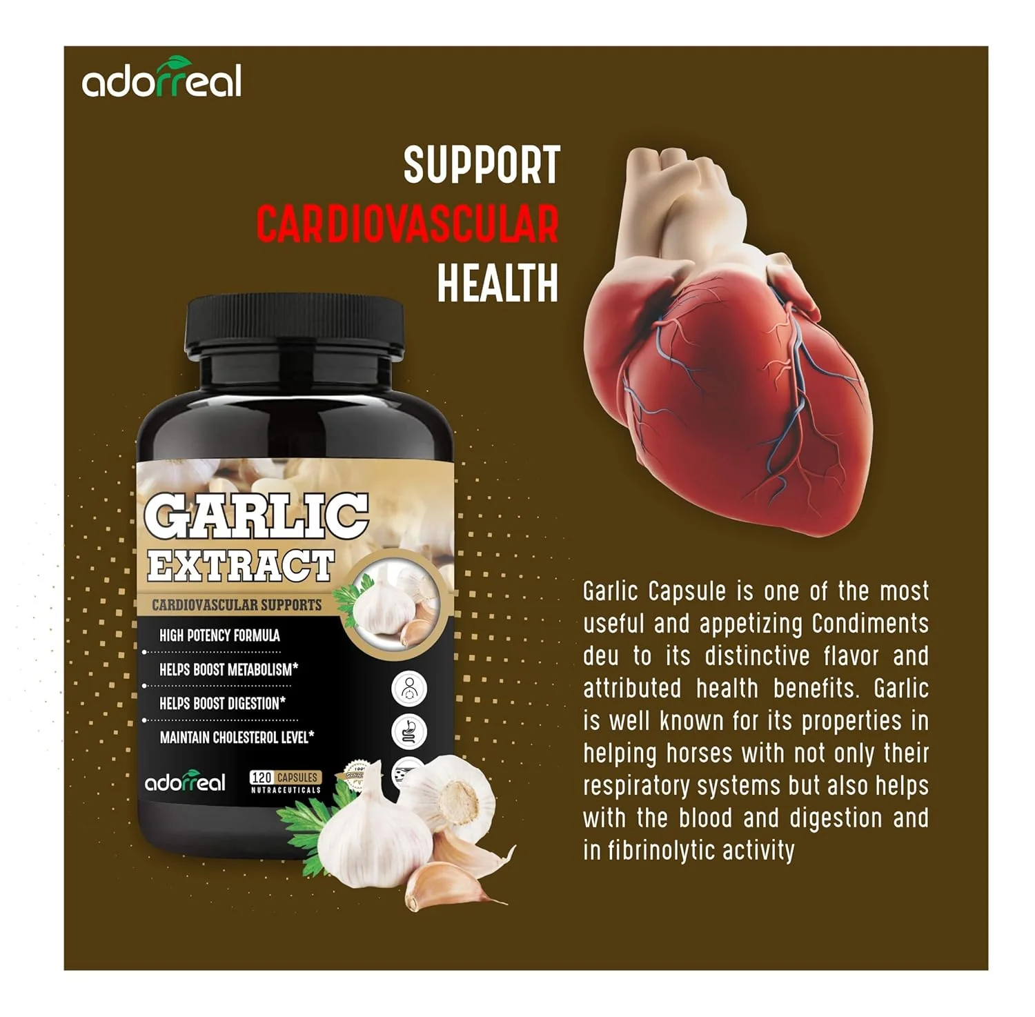 Adorreal Garlic Extract Capsules, Cardiovascular Support, Boosts Digestion, Maintains Cholesterol, Promoting Healthy Blood Flow & Circulation | 120 Capsules 150gm 0.3lbs - Image 2