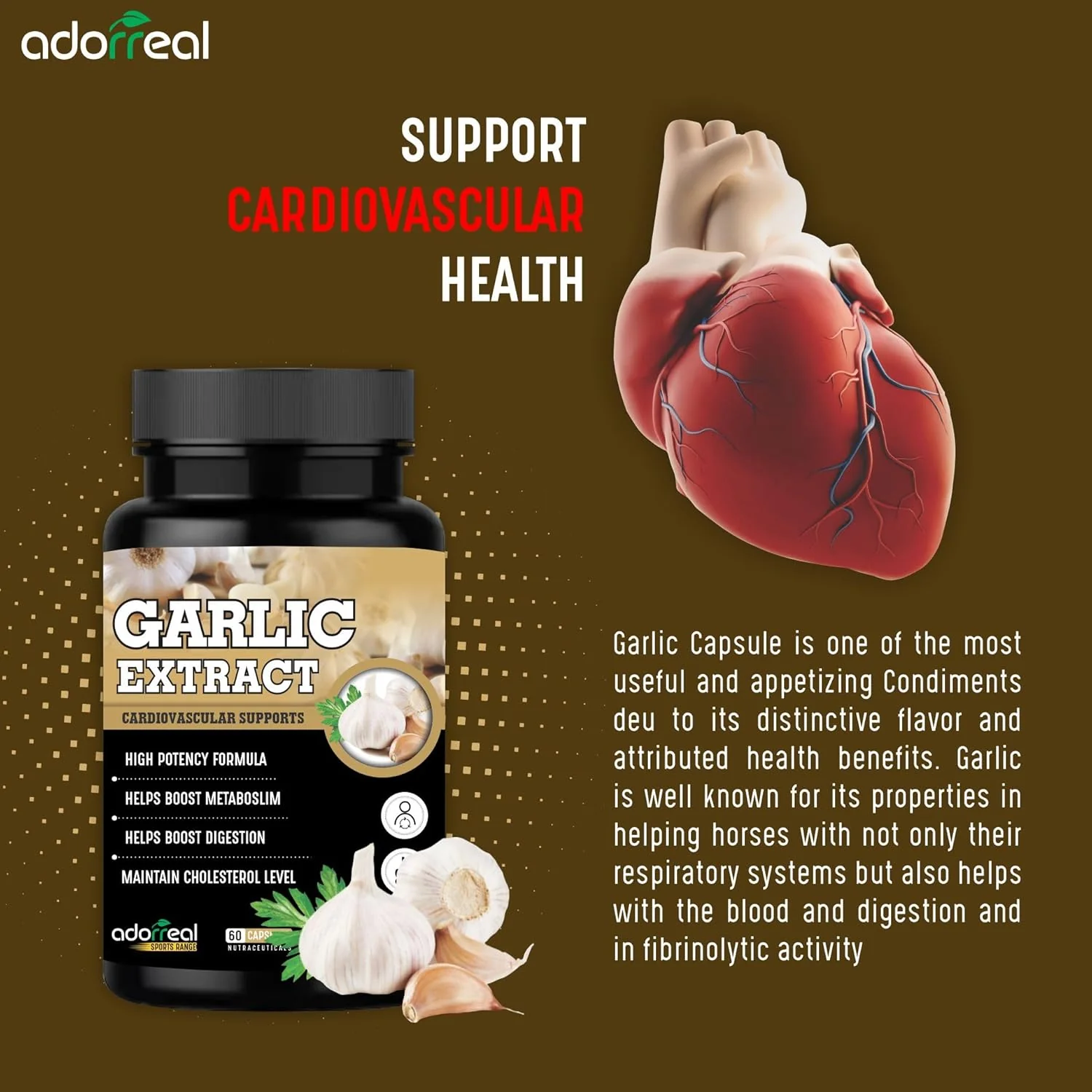 Adorreal Garlic Extract Capsules, Cardiovascular Support, Boosts Digestion, Maintains Cholesterol, Promoting Healthy Blood Flow & Circulation | 60 Capsules 100gm 0.2lbs - Image 2