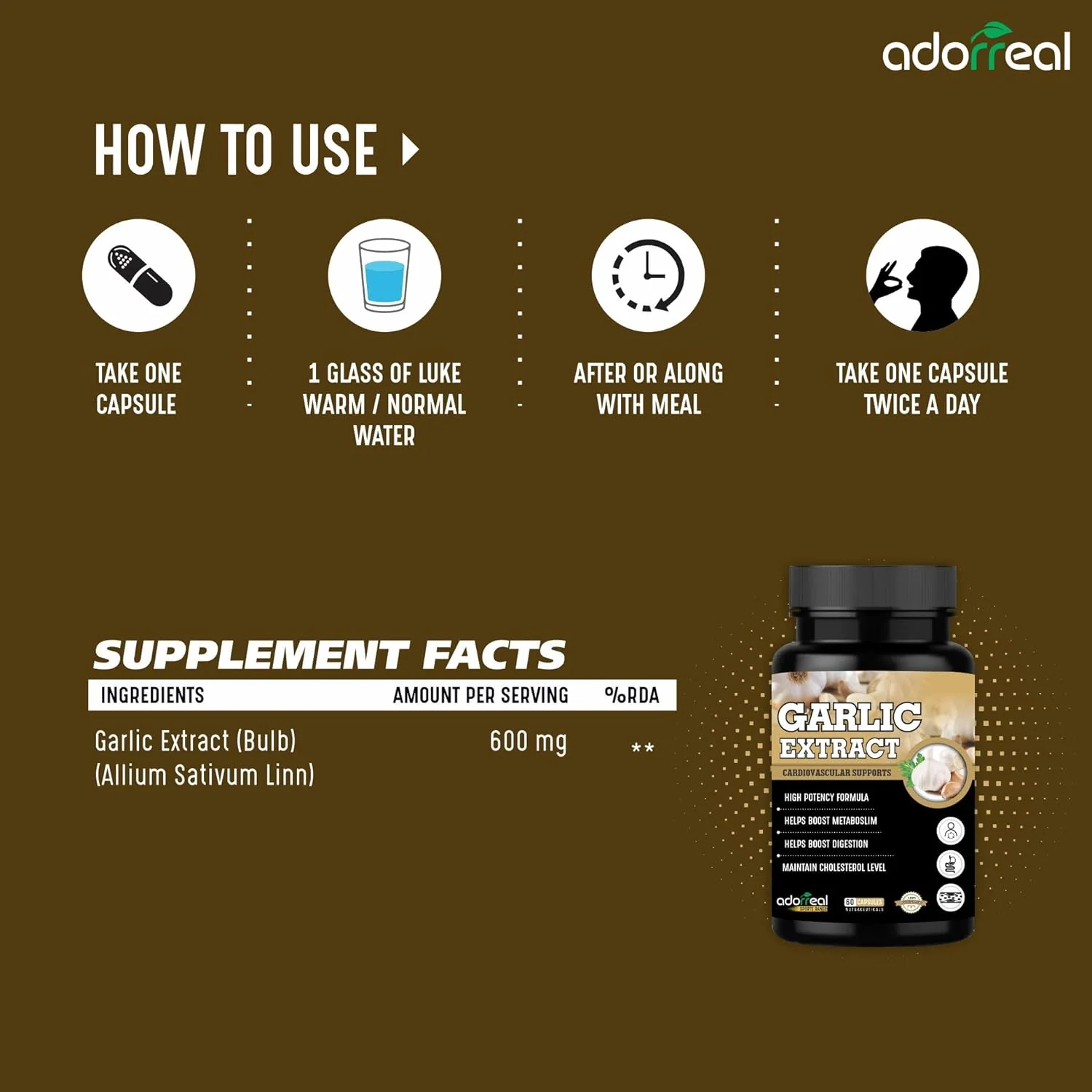 Adorreal Garlic Extract Capsules, Cardiovascular Support, Boosts Digestion, Maintains Cholesterol, Promoting Healthy Blood Flow & Circulation | 60 Capsules 100gm 0.2lbs - Image 3