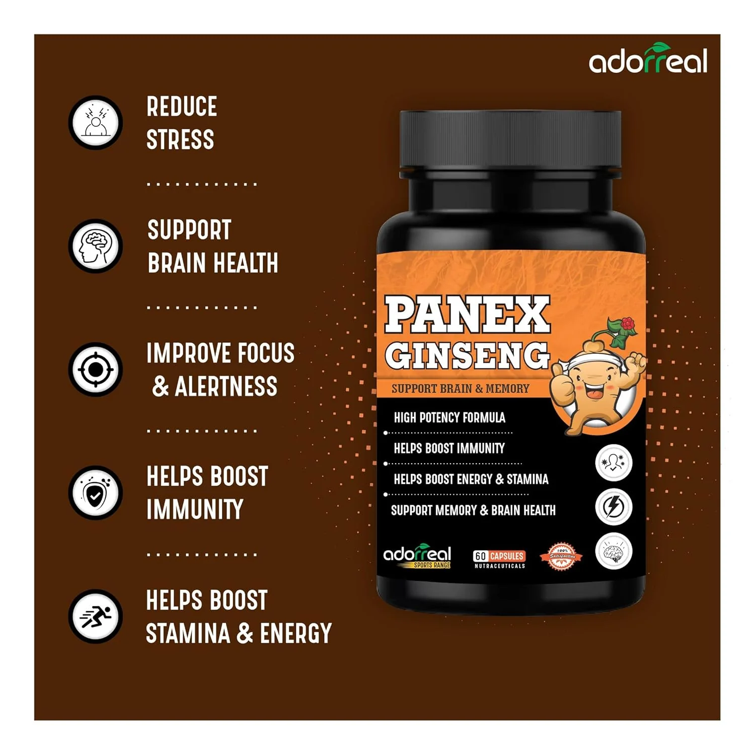 Adorreal Panex Ginseng High Potency Formula, Supports Brain & Memory, Boosts Immunity & Energy | 60 Capsules 100gm 0.2lbs - Image 2